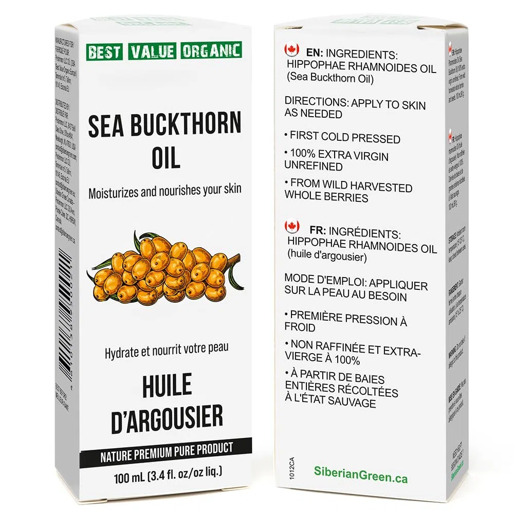 Aceite de espino amarillo siberiano 3.4 oz líq. / 100 ml virgen extra crudo sin refinar, primer prensado en frío a partir de semillas y bayas de espino amarillo recolectadas en el medio silvestre