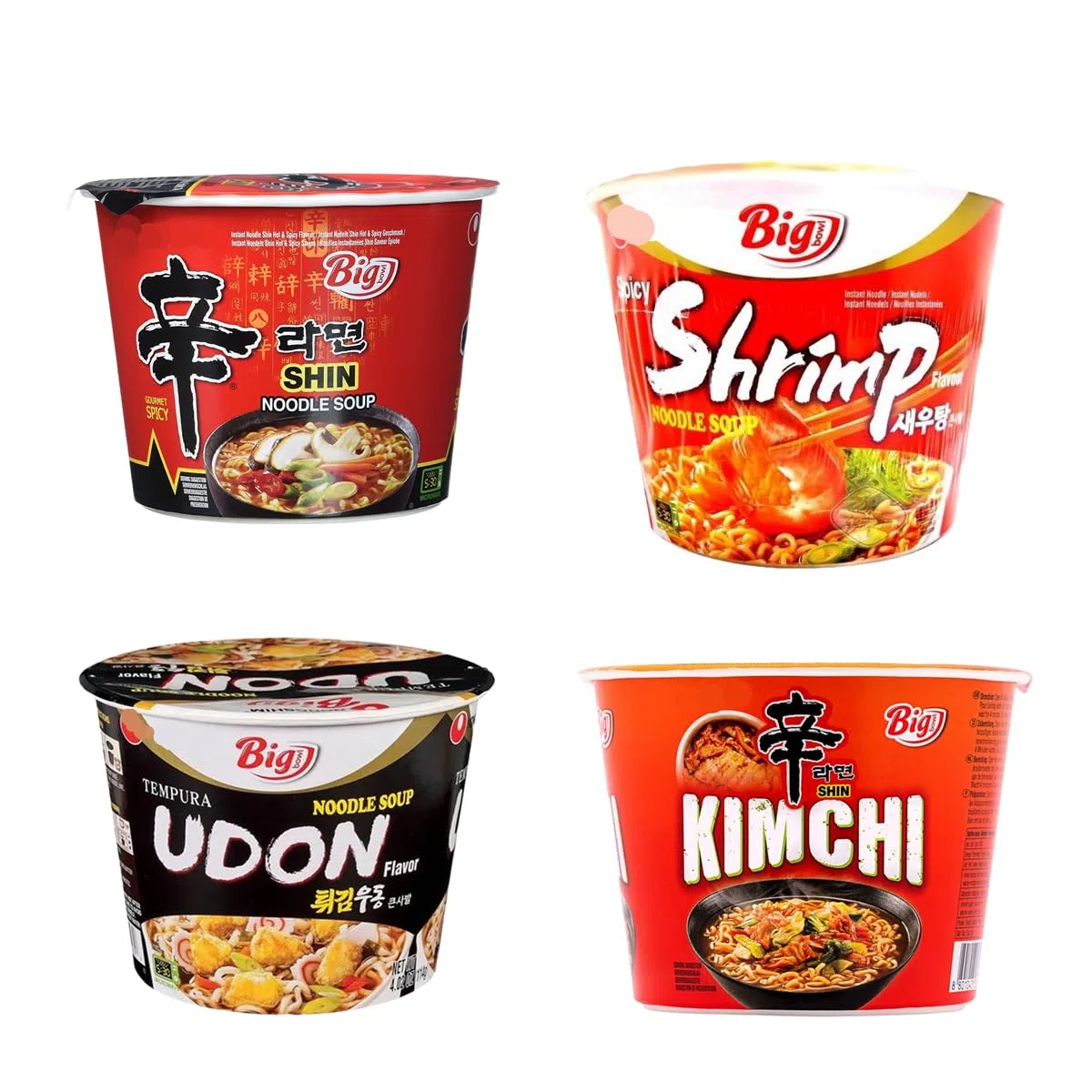 YIJIA | Pack de 4 Ramen Coreano Cup Noodles Soup | Sabor de Shrimp Picante，Kimchi，Shin Ramyun，Udon Tempura | Nong shim