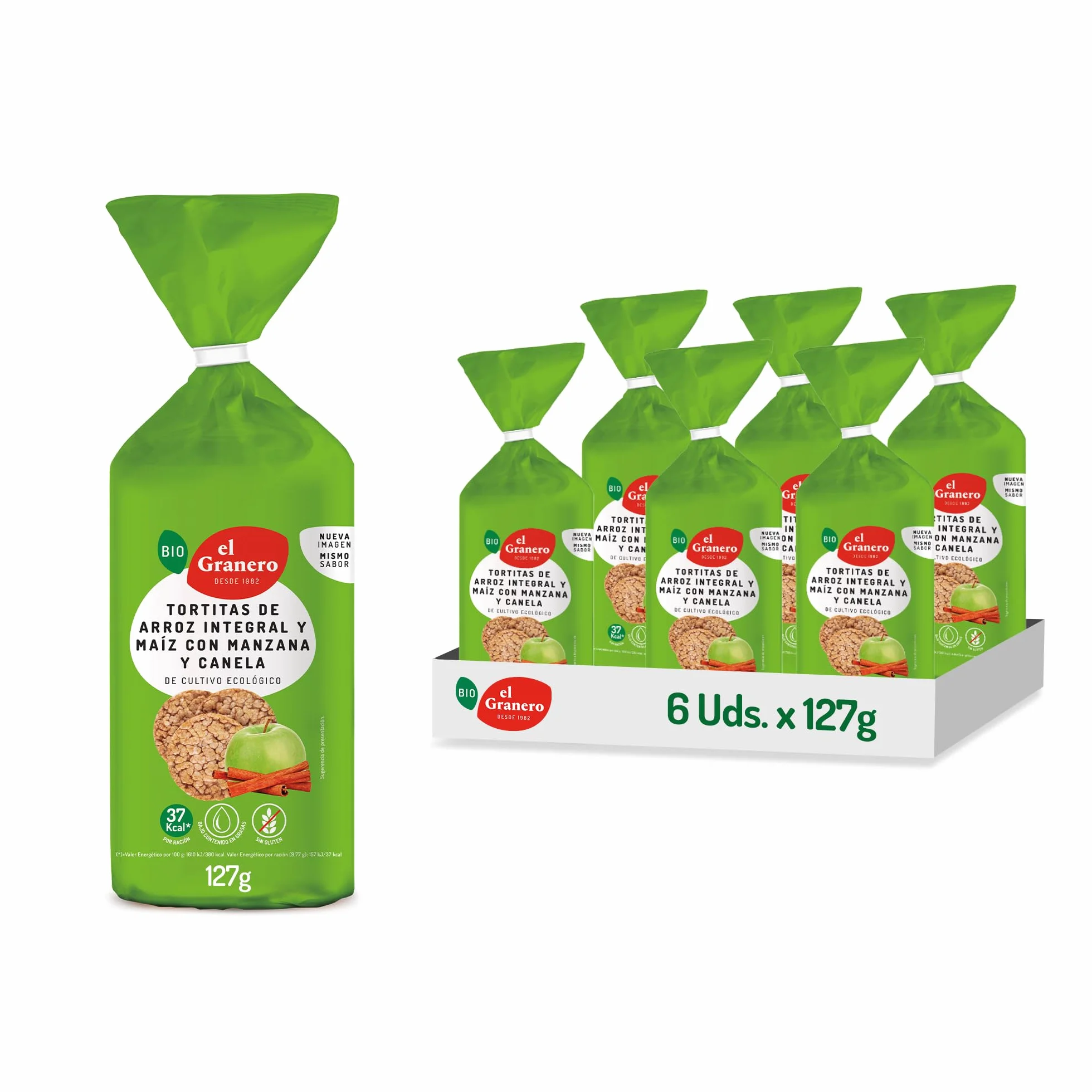 El Granero Integral - Pack de 6 Unidades de 127 g de Tortitas Ecológicas de Arroz Integral y Maíz con Manzana y Canela - 127 g - Bajo Contenido en Sal - Sin Gluten - Aptas para Veganos