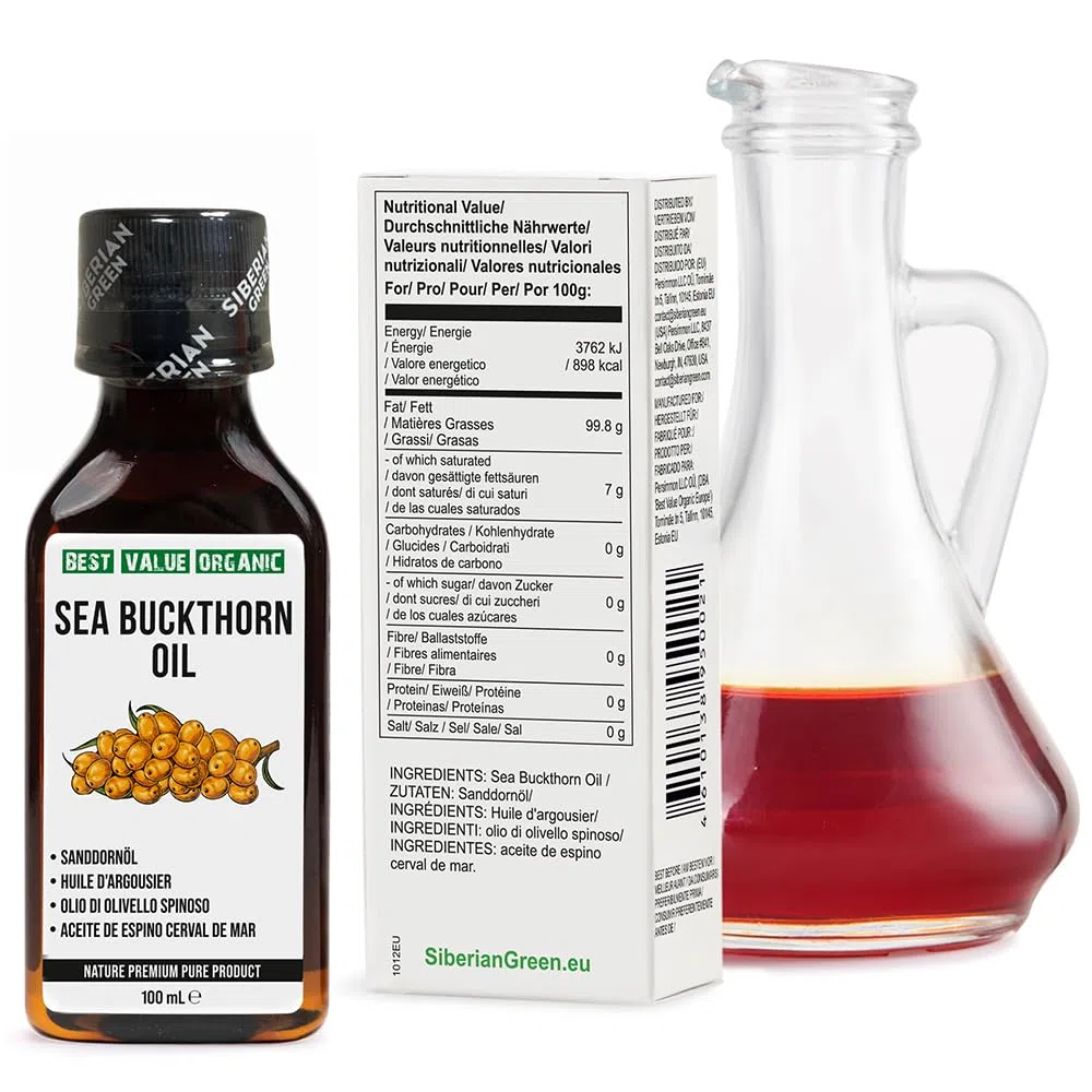 Aceite de espino amarillo siberiano 3.4 oz líq. / 100 ml virgen extra crudo sin refinar, primer prensado en frío a partir de semillas y bayas de espino amarillo recolectadas en el medio silvestre
