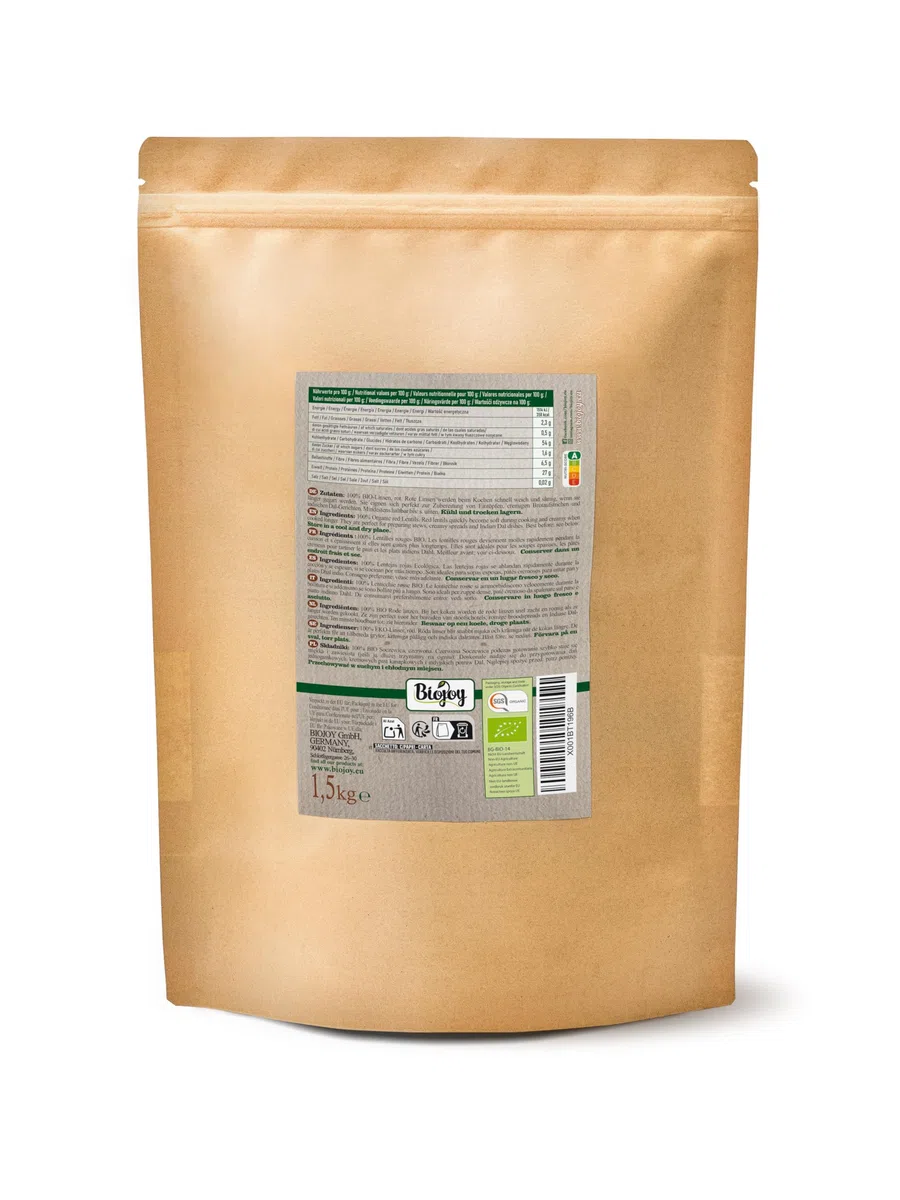 Biojoy Lentejas rojas BÍO (1,5 kg), crudas y enteras, "Balones de fútbol"