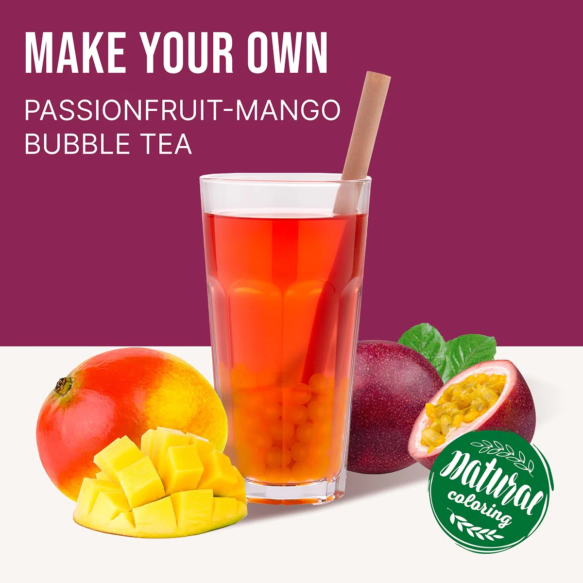 INSPIRE FOOD Set de Perlas de Bubble Tea - 1x Maracuyá Popping Boba Perlas de Fruta 450g, 1x Jarabe de Mango 300ml, 2x Sorbetes | 100% vegetariano y sin gluten, sin colorantes artificiales
