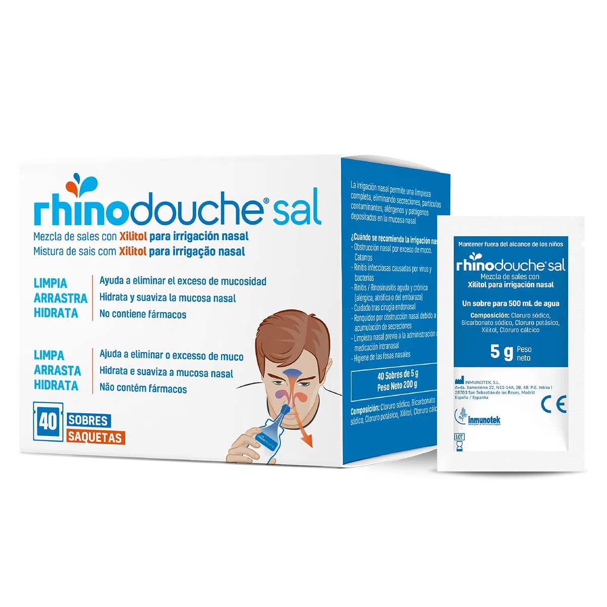 Rhinodouche® Sal. 40 sobres de 5g que contienen una mezcla de sales con xilitol para llevar a cabo la irrigación nasal con el dispositivo Rhinodouche®. (Dispositivo no incluido)