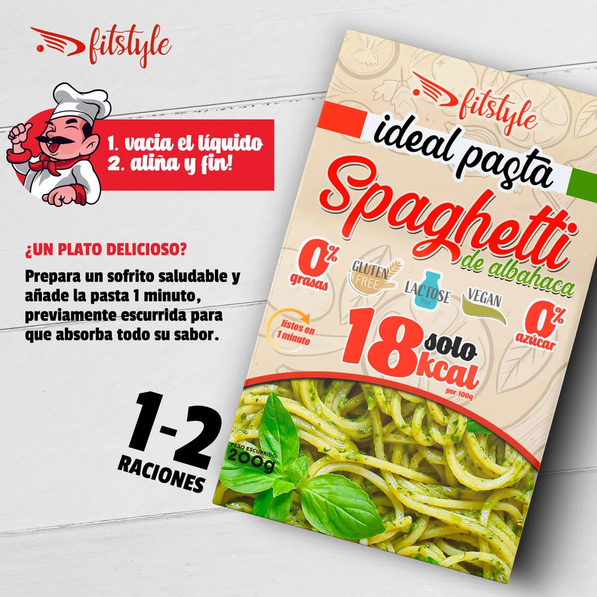 (x6) Pasta Konjac FITstyle | Konjac | Sin calorías | Saciante | Escurrir, aliñar y listo (6 x Spaghetti Albahaca)