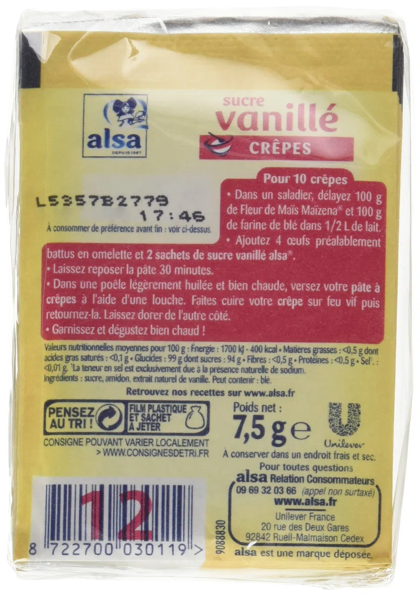 Alsa Sucre Vanillé Extrait Naturel Vanille 12 Sachets 90 g