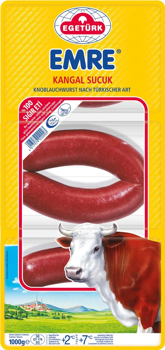 Egetürk Emre Kangal Sucuk – 1 x 1 kg – Salchicha de ajo al estilo turco 100% de carne de vacuno, halal, especialidad turca tradicional secada al aire, para baguette de Sucuk, Menemen, pizza, huevos