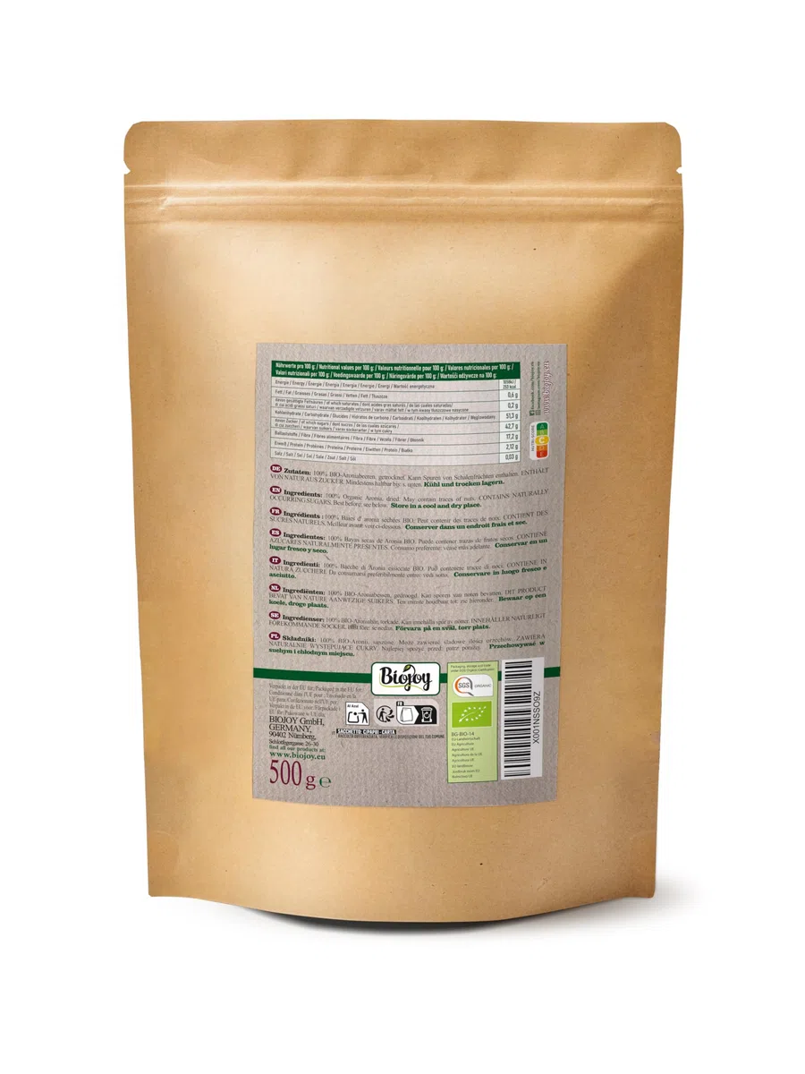 Biojoy Bayas de Aronia secas BÍO (500 g), Frutas enteras, sin azúcar añadido (Aronia melanocarpa)