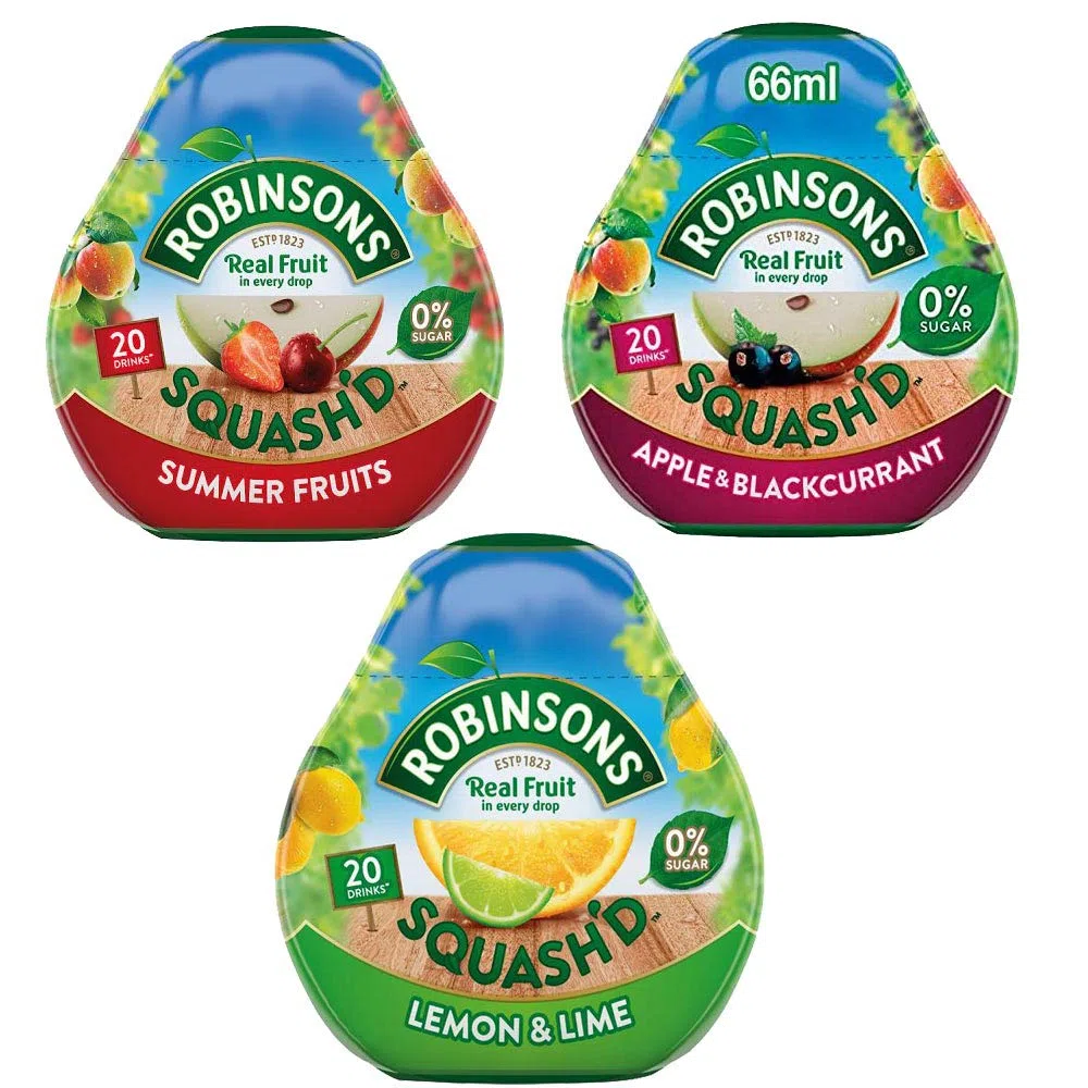 Robinsons Squash'd Manzana y grosella negra, limón y lima, frutas de verano, sin azúcar añadido (66 ml), paquete de 3