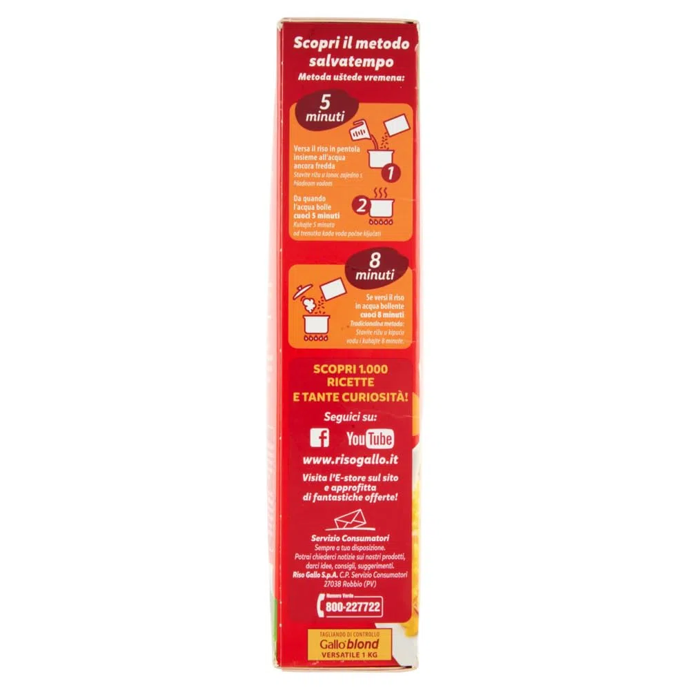 Gallo Riso Blond Versatile,100% arroz italiano, tiempo de cocción 5 minutos, ideal para todas las recetas, paquete de 1 kg + lata italiana Gourmet Polpa di Pomodoro de 400 g