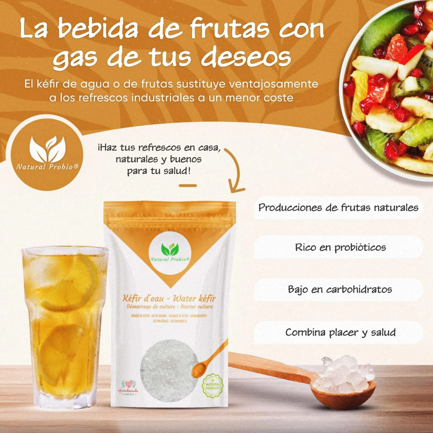 Natural Probio® Kéfir de agua - Kit de inicio de cultivo - Granos de kéfir de frutas + Instrucciones completas, receta y consejos + Acceso a Ebook y recetas (10g deshidratado / 60g rehidratado)