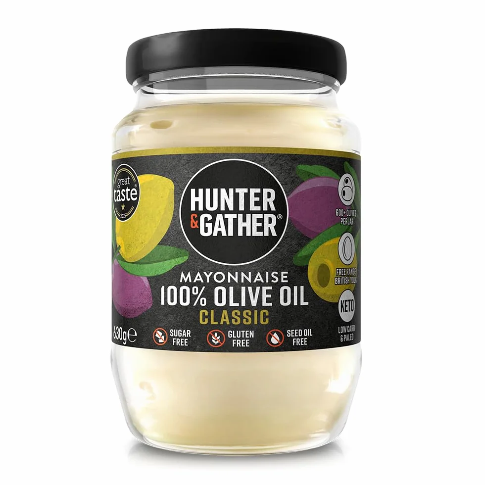 Hunter & Gather Mayonesa de Aceite de Oliva 630g | Hecha con Yema de Huevo Campero Británico | Mayonesa Paleo, Keto, Libre de Azúcar y Gluten | Libre de Saborizantes Artificiales