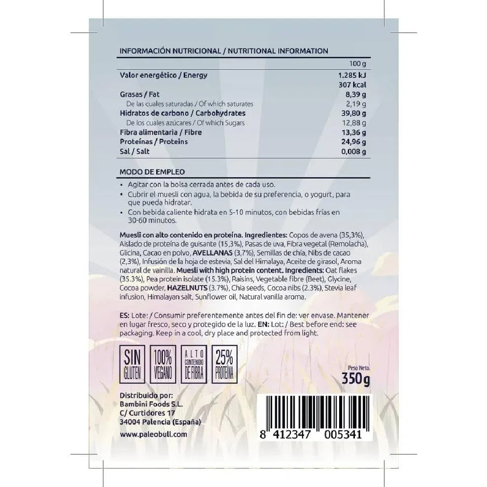Avepro+ Paleobull 350 g, avena sin gluten con proteína vegetal, cacao y avellanas, alto en proteínas y fibra, vegano, sin lácteos ni edulcorantes, sabor cacao y vainilla.