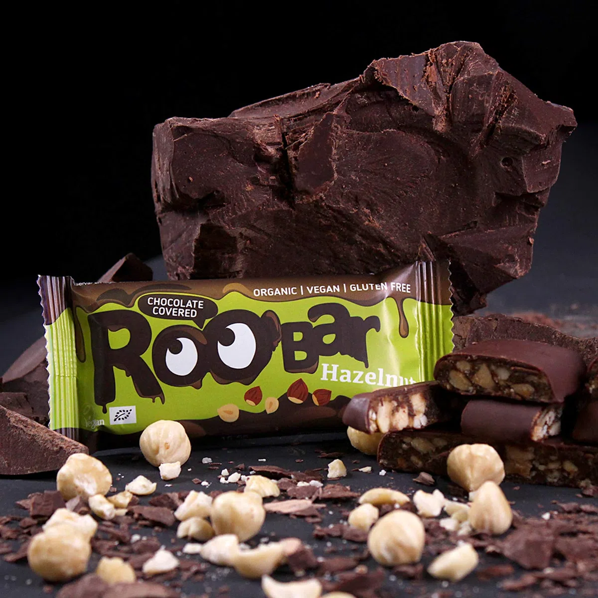 Roobar Barra De Avellana Cubierta De Chocolate - Barra Vegana 100% Orgánica. Sin Lácteos Ni Gluten, Sin Azúcar Refinado Añadido, 16 Barras De 30 g
