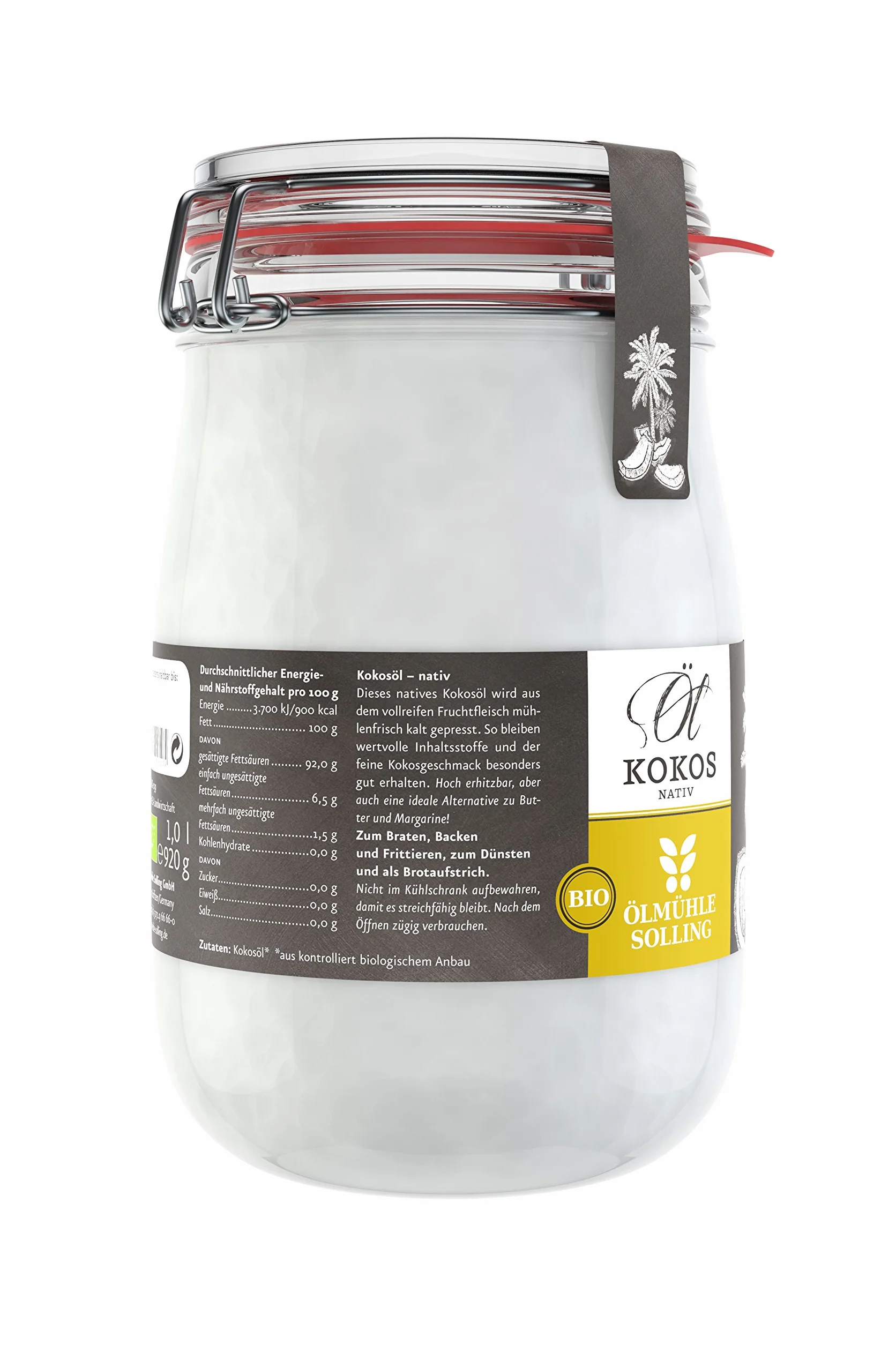 ölmühle Solling bio kokosöl en plancha de cristal 1000 ml