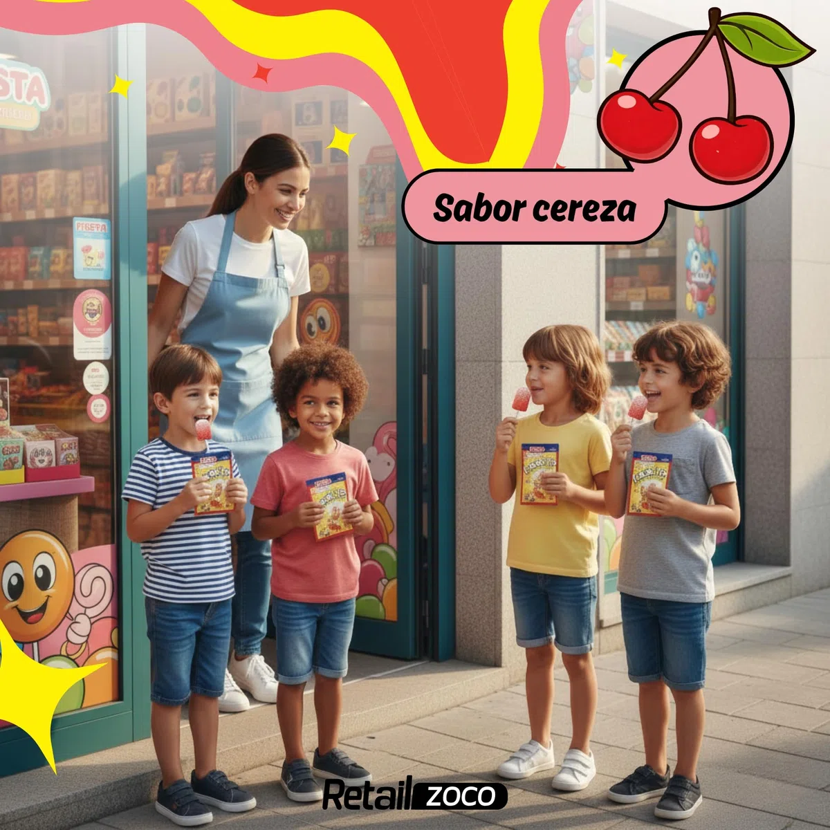 Fresquito sabor Cereza, Caramelo con palo y polvo acidulado, sin gluten, sin huevo y sin lactosa es completamente apto para celíacos, Contiene 1 caja con 40 unidades