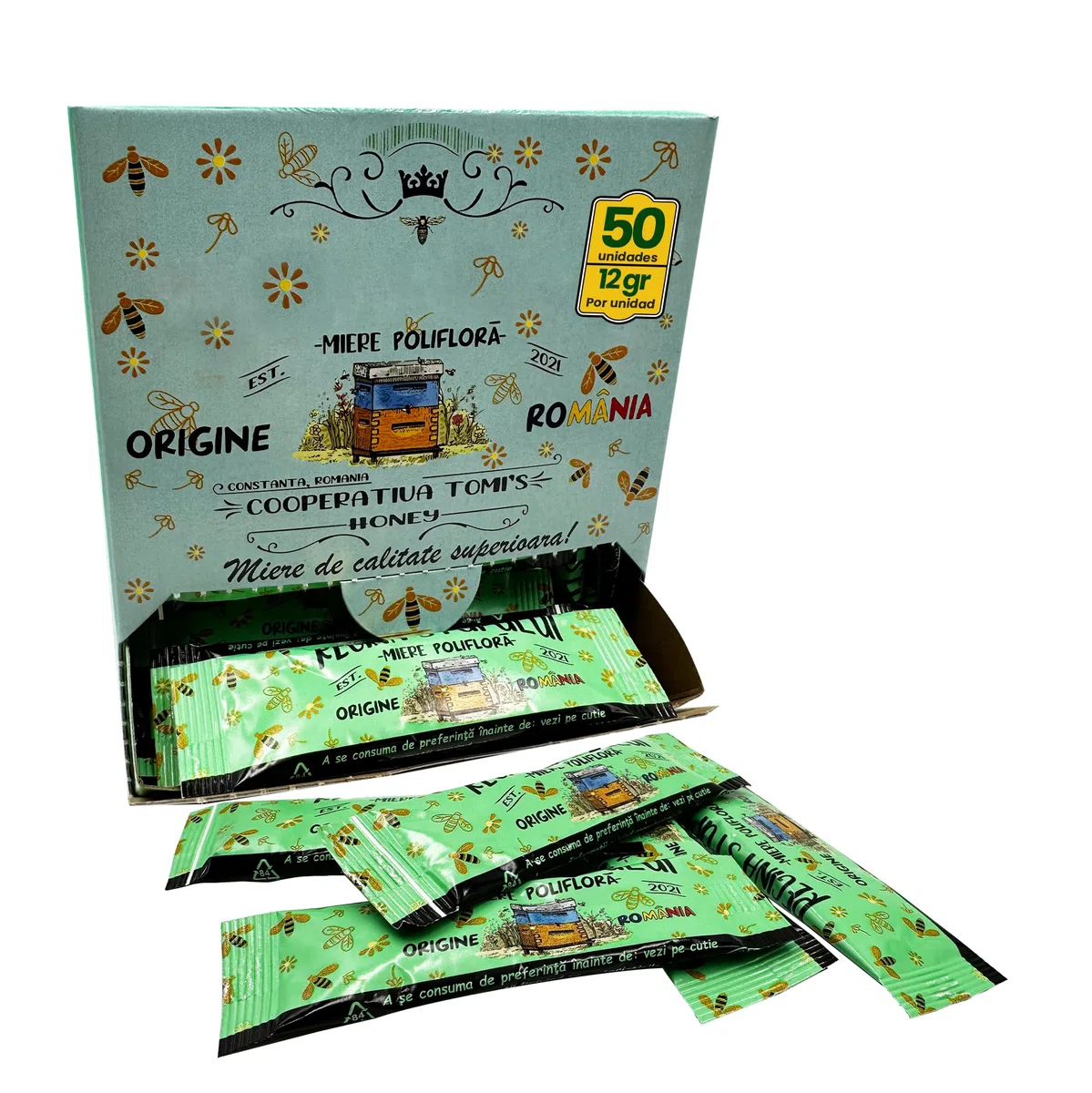 Propol-mel - Miel Polifloral en Sticks Monodosis | 12g x 50 Unidades | 100% Natural y Pura de Rumanía | Dulce y Suave | Ideal para Té, Café, Postres y Más
