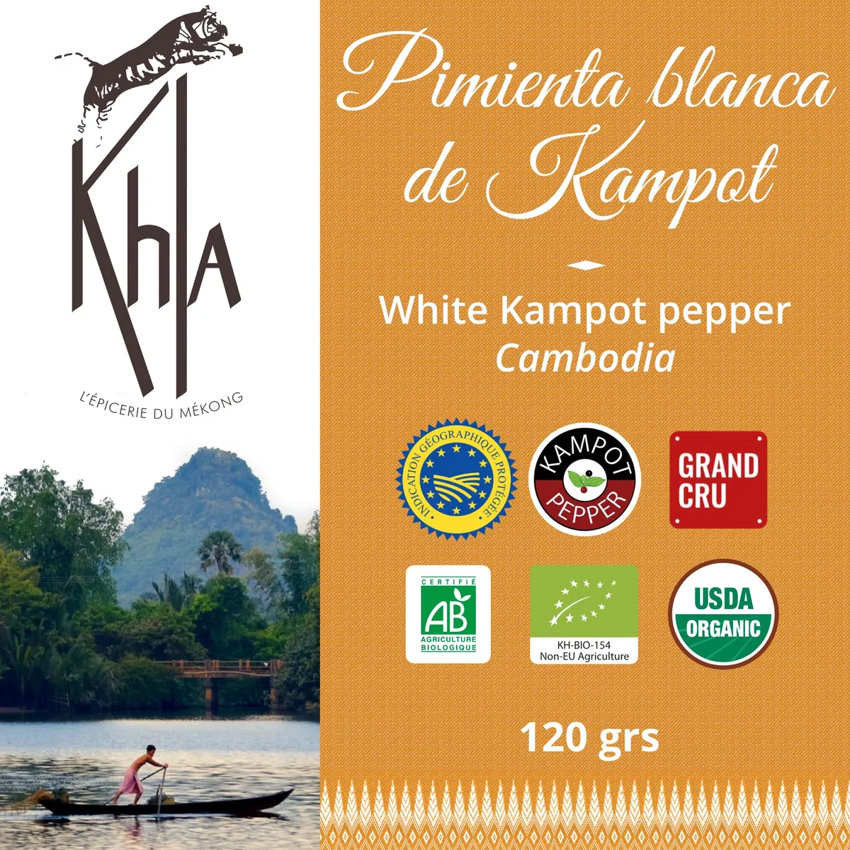 Khla - Pimienta Blanca de Kampot Orgánica 120g - Pimienta en Grano - Fuerte y Potente - Ingrediente de Cocina - Directo del Productor - Especia Asiática - Origen Camboya