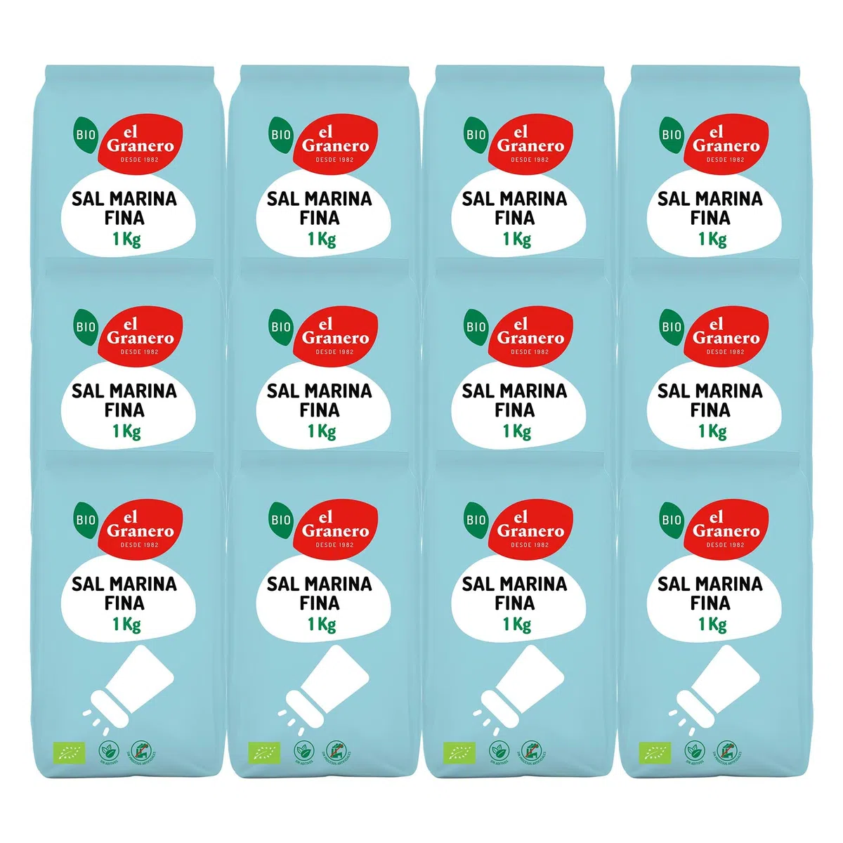 EL GRANERO INTEGRAL - Pack de 12 Unidades de 1 kg de Sal Marina Fina del Atlántico Ecológica - Sin Procesos Artificiales - Apto para Veganos - Óptimo para Aderezar tus Platos