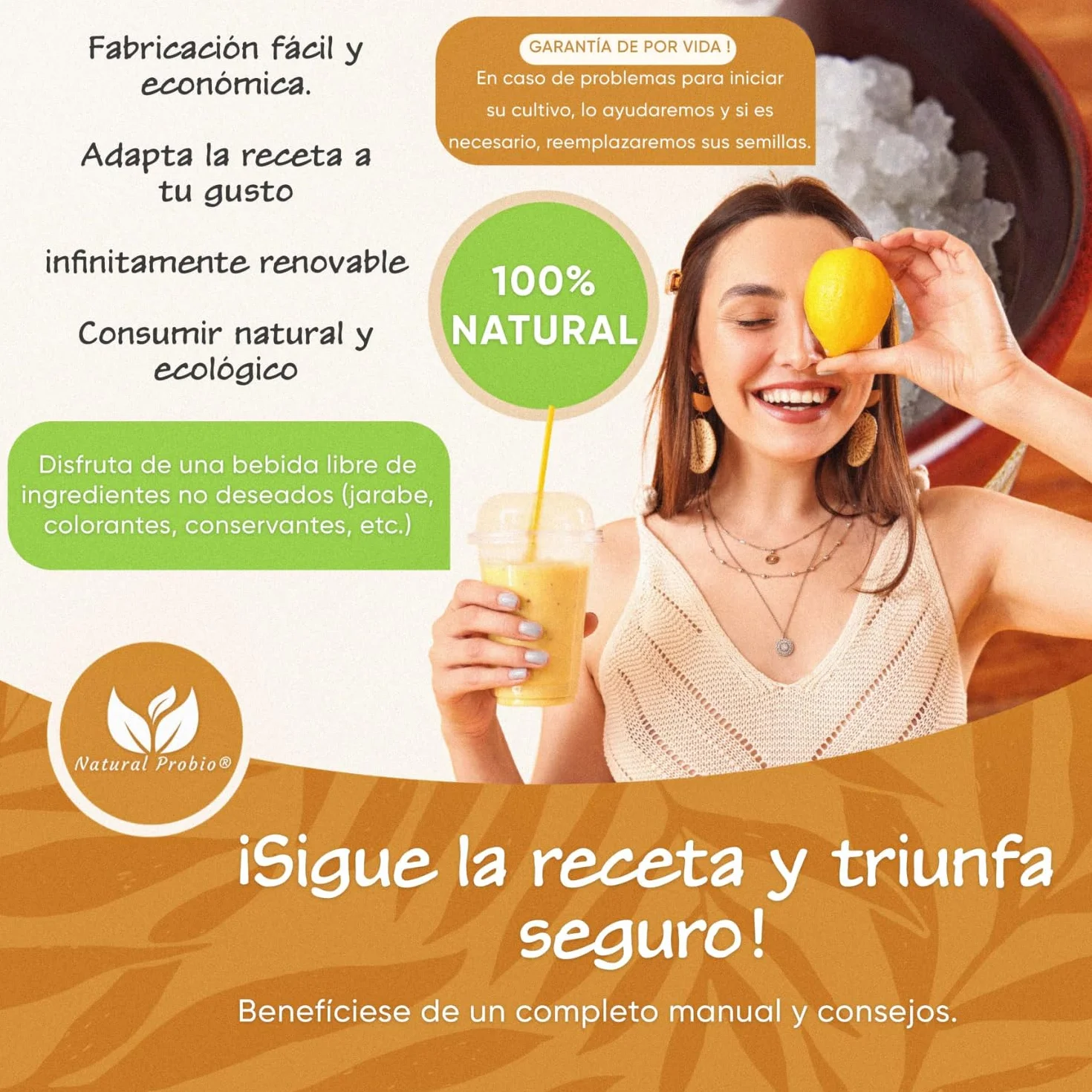 Natural Probio® Kéfir de agua - Kit de inicio de cultivo - Granos de kéfir de frutas + Instrucciones completas, receta y consejos + Acceso a Ebook y recetas (10g deshidratado / 60g rehidratado)