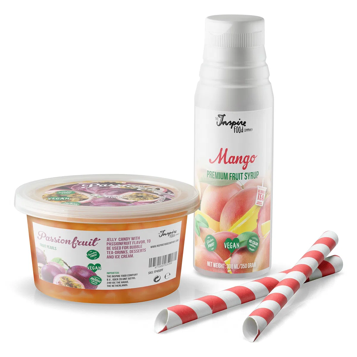 INSPIRE FOOD Set de Perlas de Bubble Tea - 1x Maracuyá Popping Boba Perlas de Fruta 450g, 1x Jarabe de Mango 300ml, 2x Sorbetes | 100% vegetariano y sin gluten, sin colorantes artificiales