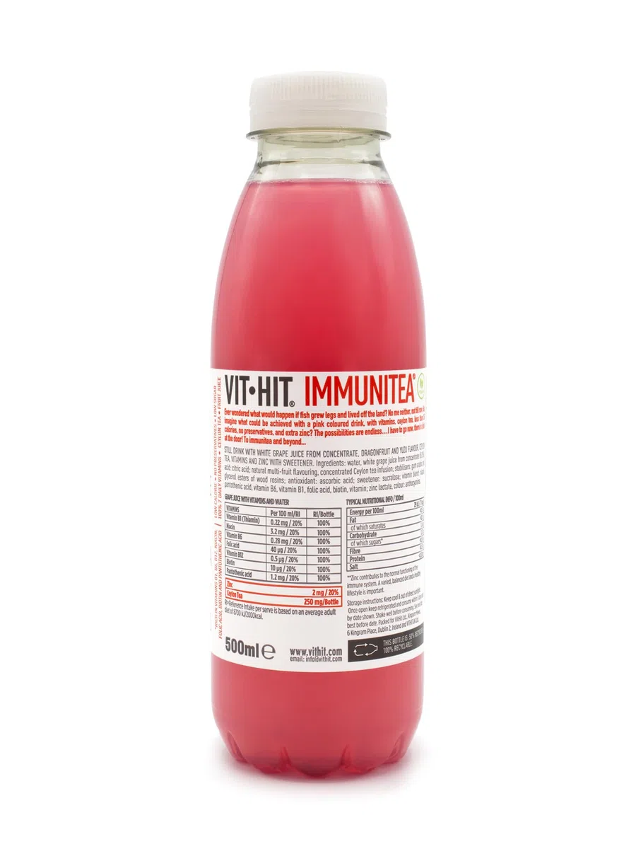 VIT HIT INMUNITEA | Fruta del Dragón y Yuzu | Bebida Vitaminada con zumo y té de Ceilán | Bebida sin calorías | Botella de 500 ml