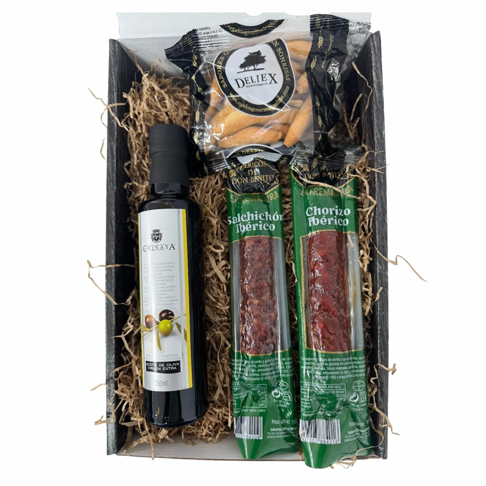 Cesta gourmet para regalar con ibéricos, a elegir con vino, aceite o paté y crema de queso, escoje la caja regalo que mas te guste (Estuche regalo, Aceite)