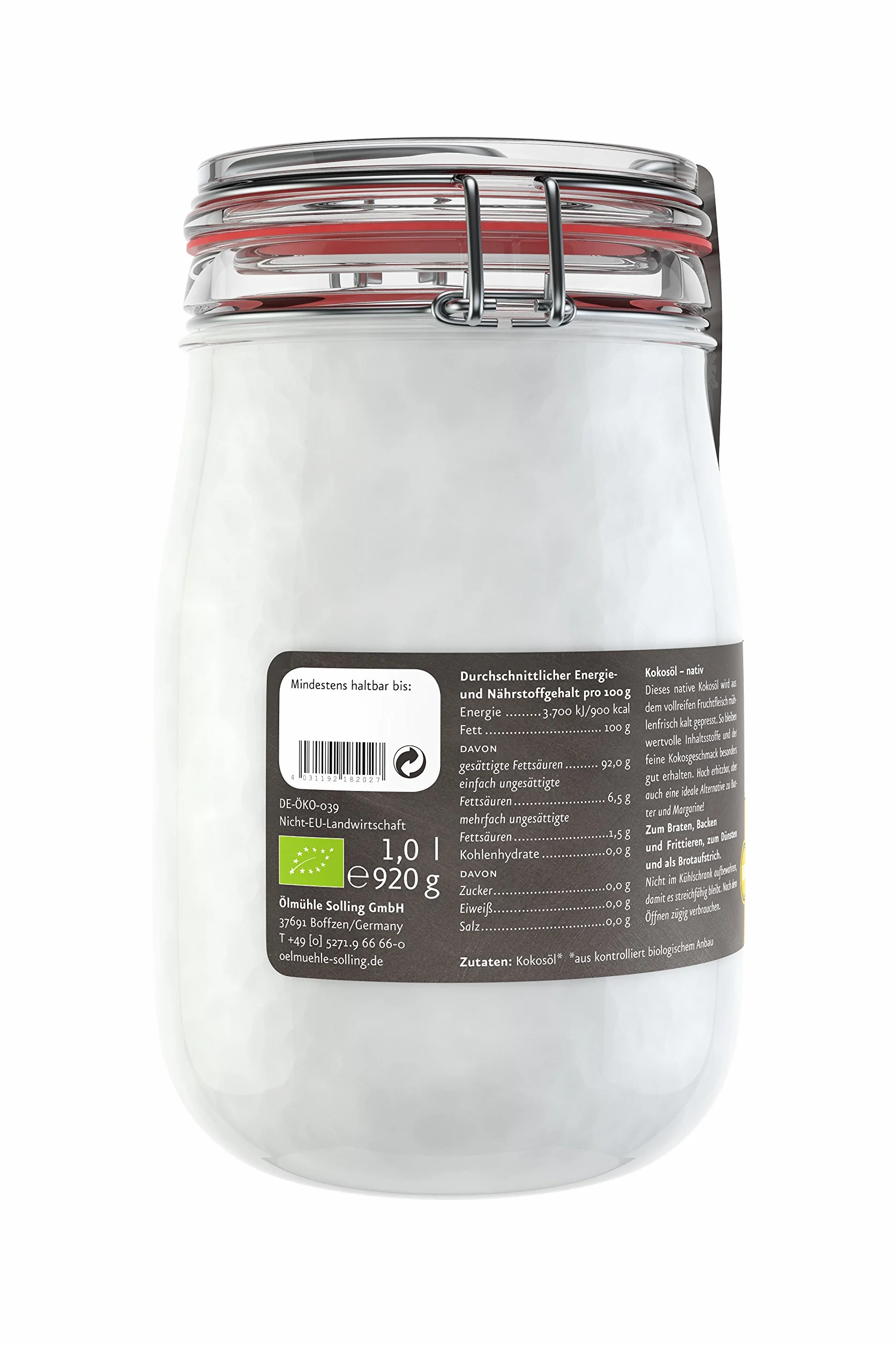 ölmühle Solling bio kokosöl en plancha de cristal 1000 ml