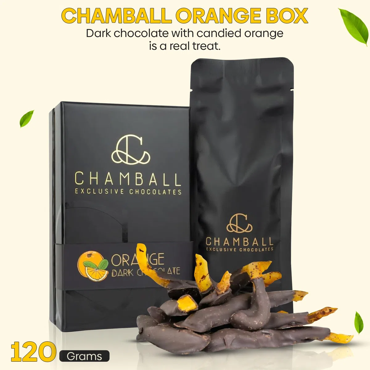Caja Chamball Orange. Chocolate artesanal, esta combinación de chocolate negro con naranja confitada, es un verdadero placer para el paladar de los más exigentes.