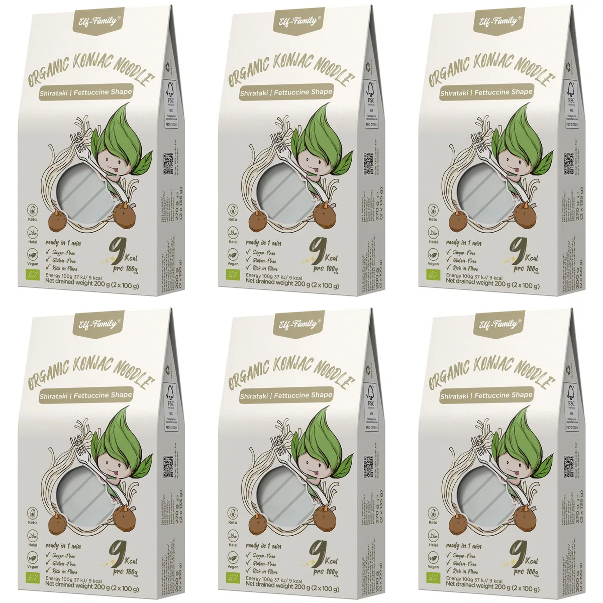 Elf-family Bio Pasta Konjac Keto Carbohidratos Ultrabajos/Vegano/Sin Gluten 270 g x 6 cajas(12 paquetes), Fideos Konjac Noodles Shirataki Noodles/Sin azúcar/Bajo en Calorías - Fettuccine