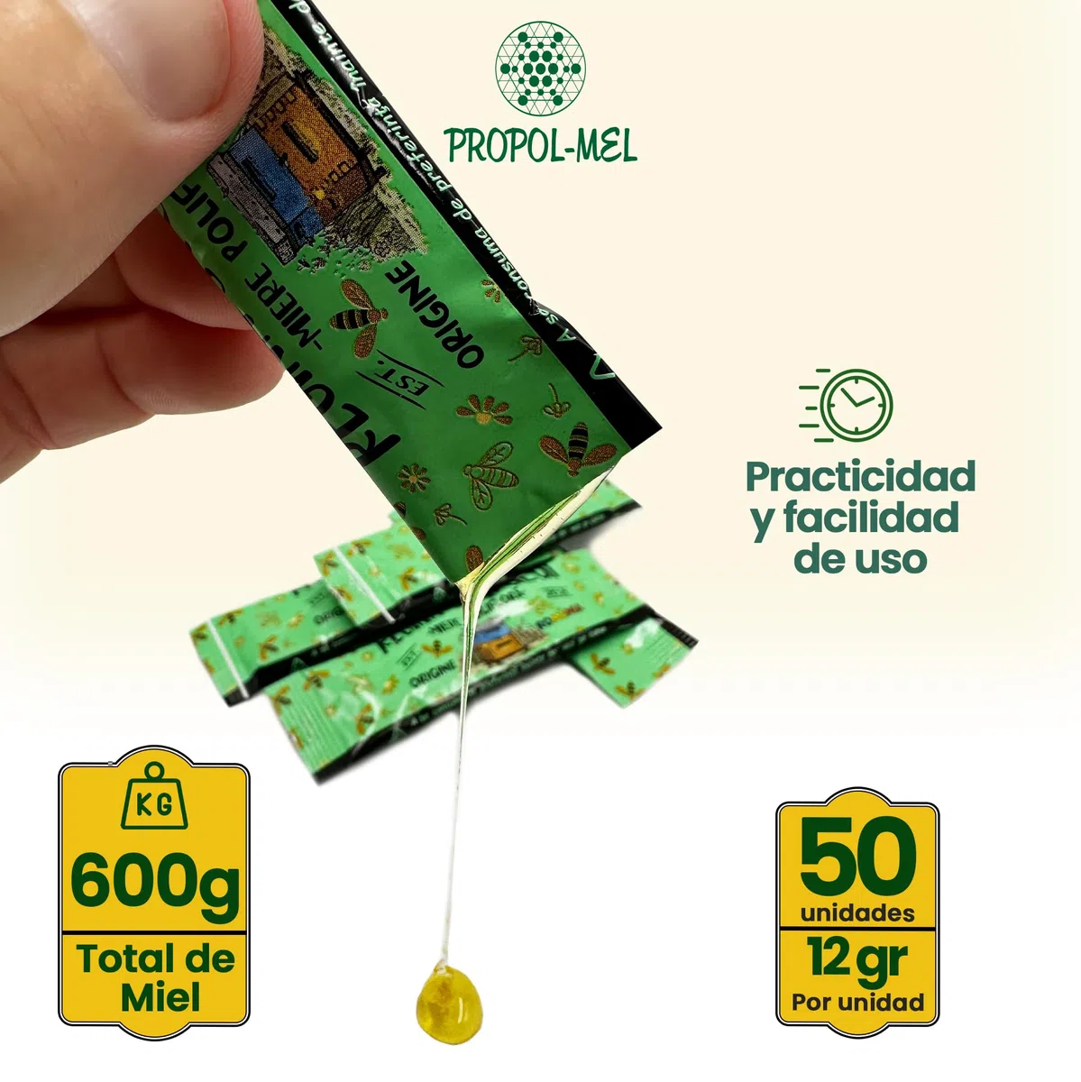 Propol-mel - Miel Polifloral en Sticks Monodosis | 12g x 50 Unidades | 100% Natural y Pura de Rumanía | Dulce y Suave | Ideal para Té, Café, Postres y Más
