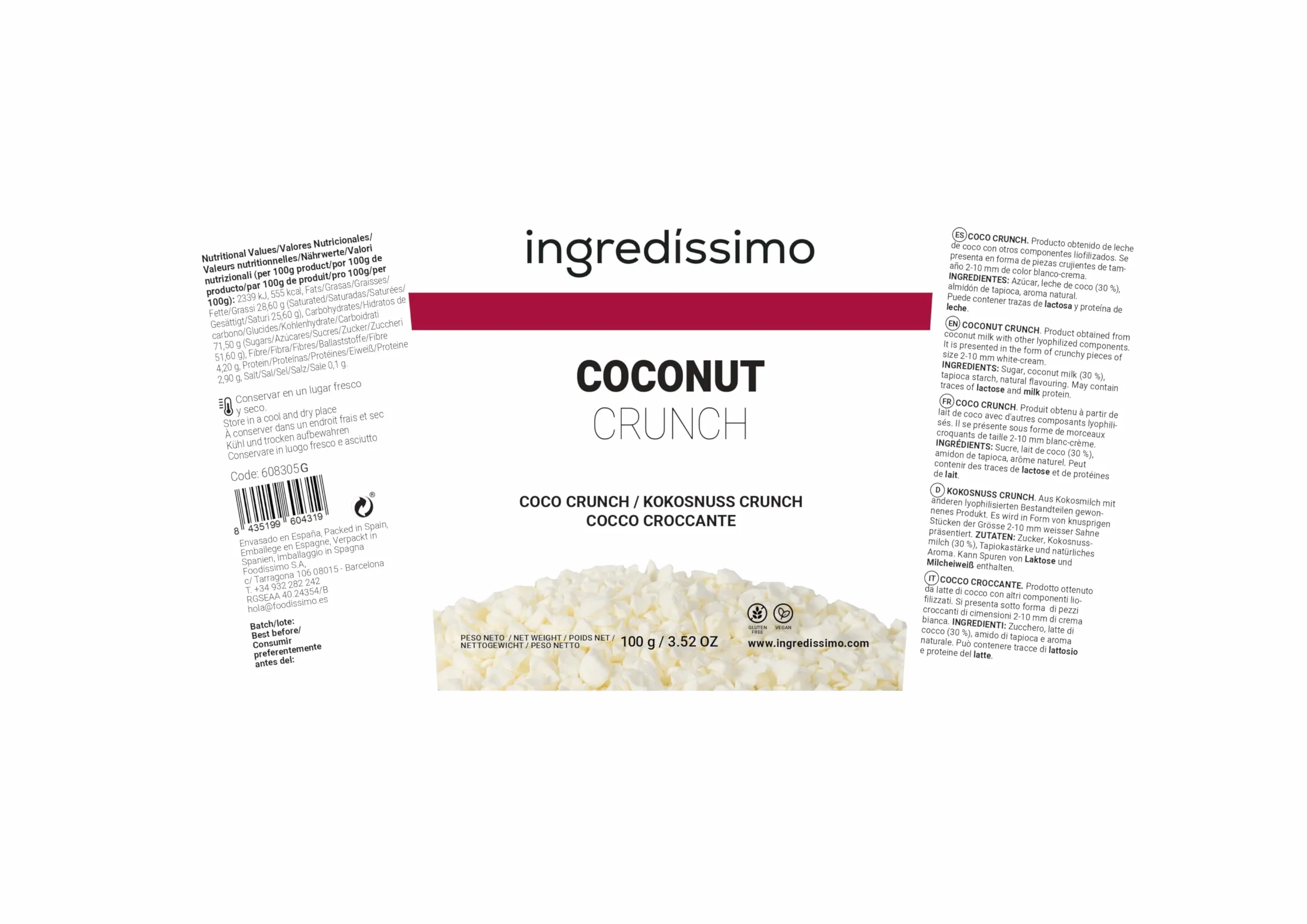 Ingredíssimo - Coco Liofilizado Crunch Leche de Coco 100g | Fruta Seca Troceada (2-10mm) | Sin Gluten | Topping y Snack
