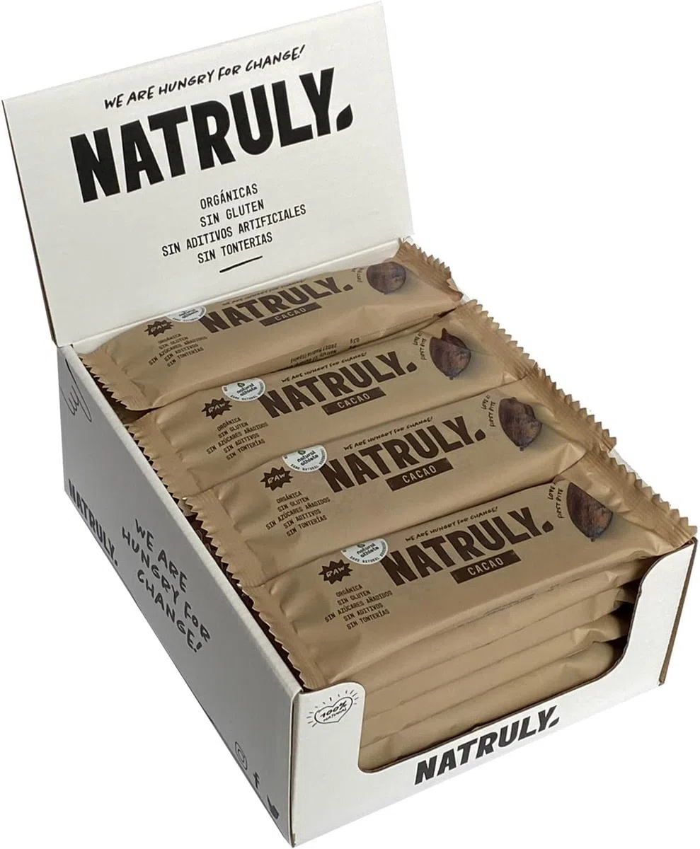 NATRULY Barritas Energéticas BIO Cacao Sin Azúcar Añadido, 100% Natural y Orgánicas, Sin Gluten, Vegana -Pack 12x40g