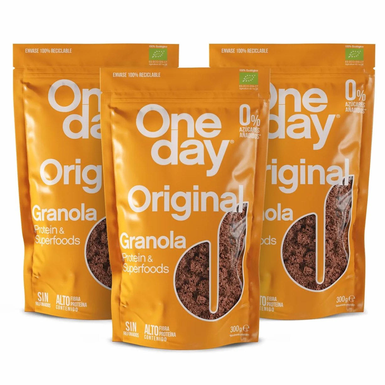 ONE DAY Granola Ecologica, Sin Azucares Añadidos, Alto en Proteína con Superfoods, Altro en Fibra, 300g (Pack 3 / Original, 300.00 g (Paquete de 1))