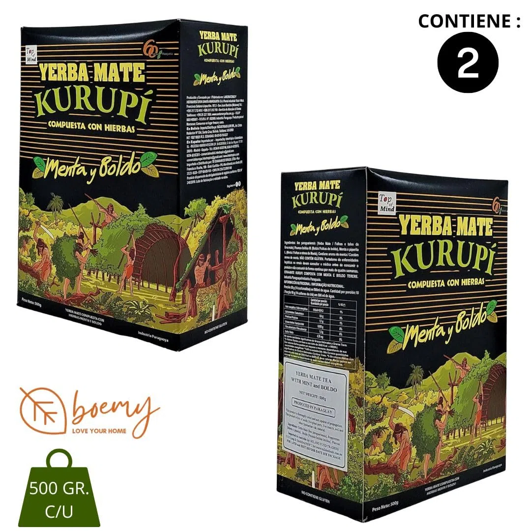 Pack 2 Yerba Mate Kurupí Menta y Boldo 500 g | Total 1 kg | Sabor Refrescante y Digestivo | Yerba Mate Aromatizada Paraguaya | Ideal para Mate y Tereré