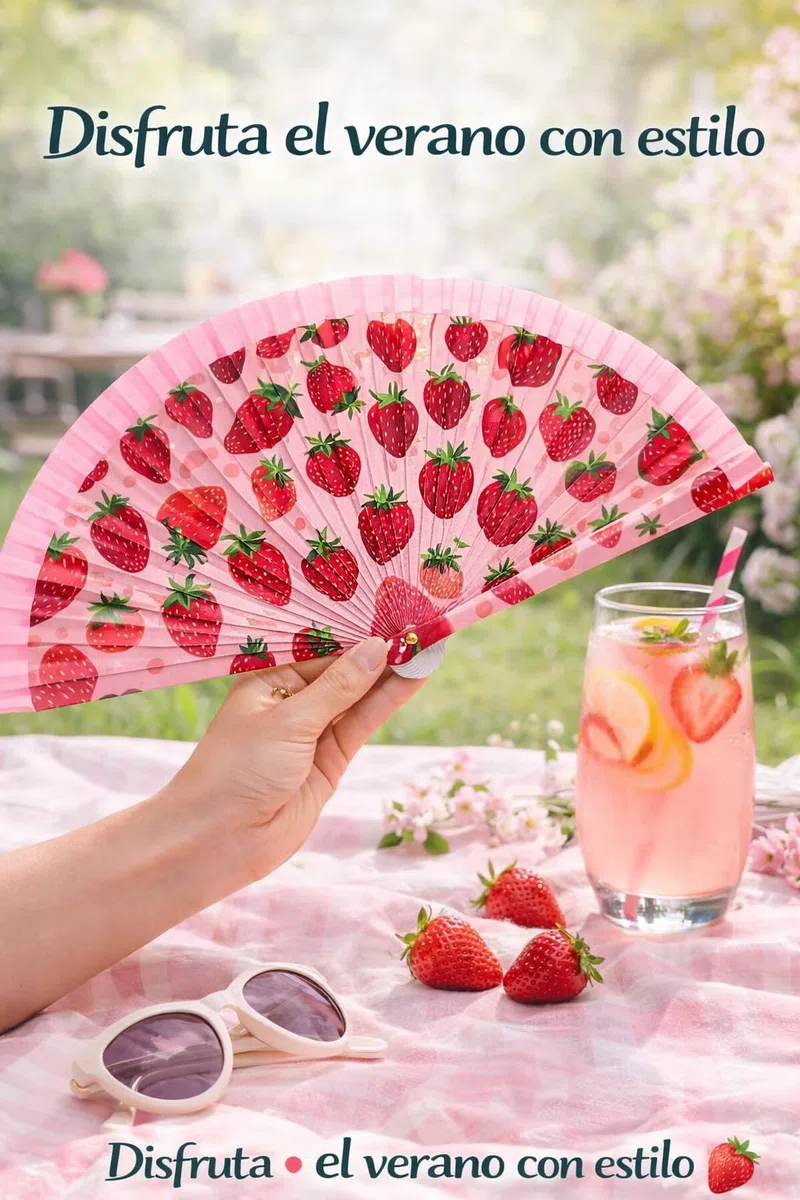 Abanico de Mano Plegable con Diseño de Frutas – Sandía, Aguacate, Fresas, Limones, Piña y Naranjas | Ligero, Compacto 23 cm, Ideal para Verano, Playa, Eventos y Regalo