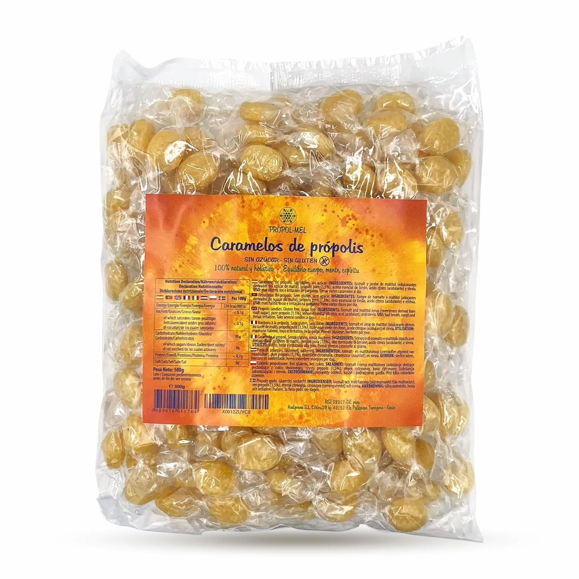 500 g - Caramelos de Propoleo Sin gluten y Sin azucar. Elaborado con propolis puro finamente troceado. Recomendado para el mal aliento, el aparato bucal y la garganta.
