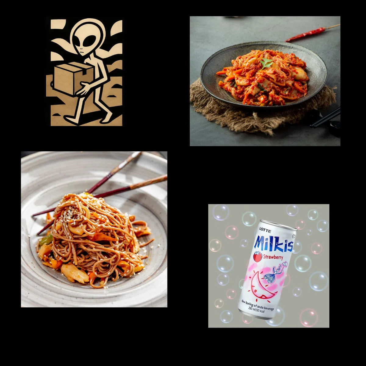 Menú Coreano – Pack de Comida Coreana Completa con Udon Garak, Kimchi, Bebida Milkis, Pepero y Algas