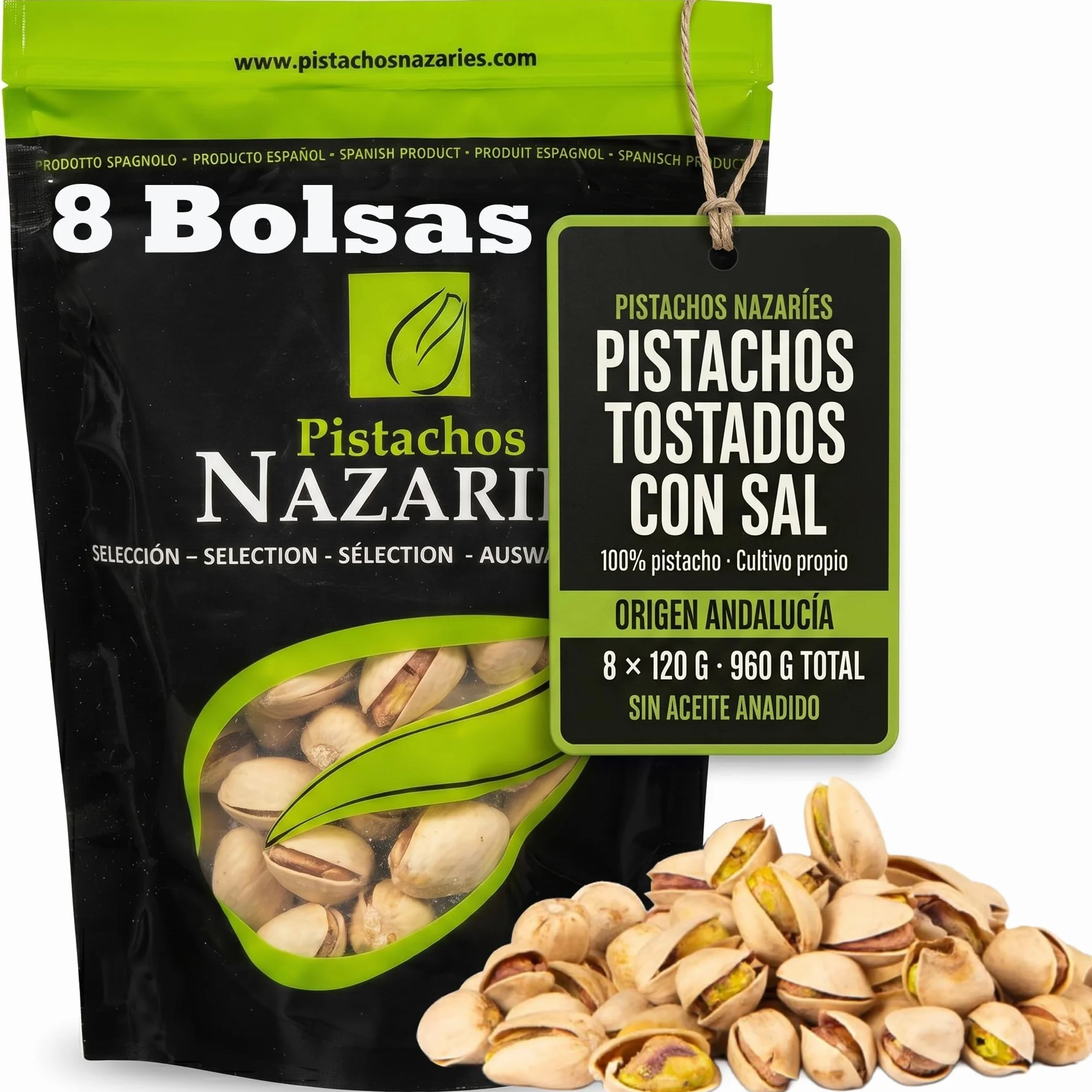 PISTACHOS NAZARIES Tostados con Sal Pack Familiar 8x120g Cultivados en España Sin Aceites Añadidos Cosecha Andaluza Snack Aperitivo Frutos Secos Españoles Origen Granada Malaga 8 Bolsas 960g Picoteo