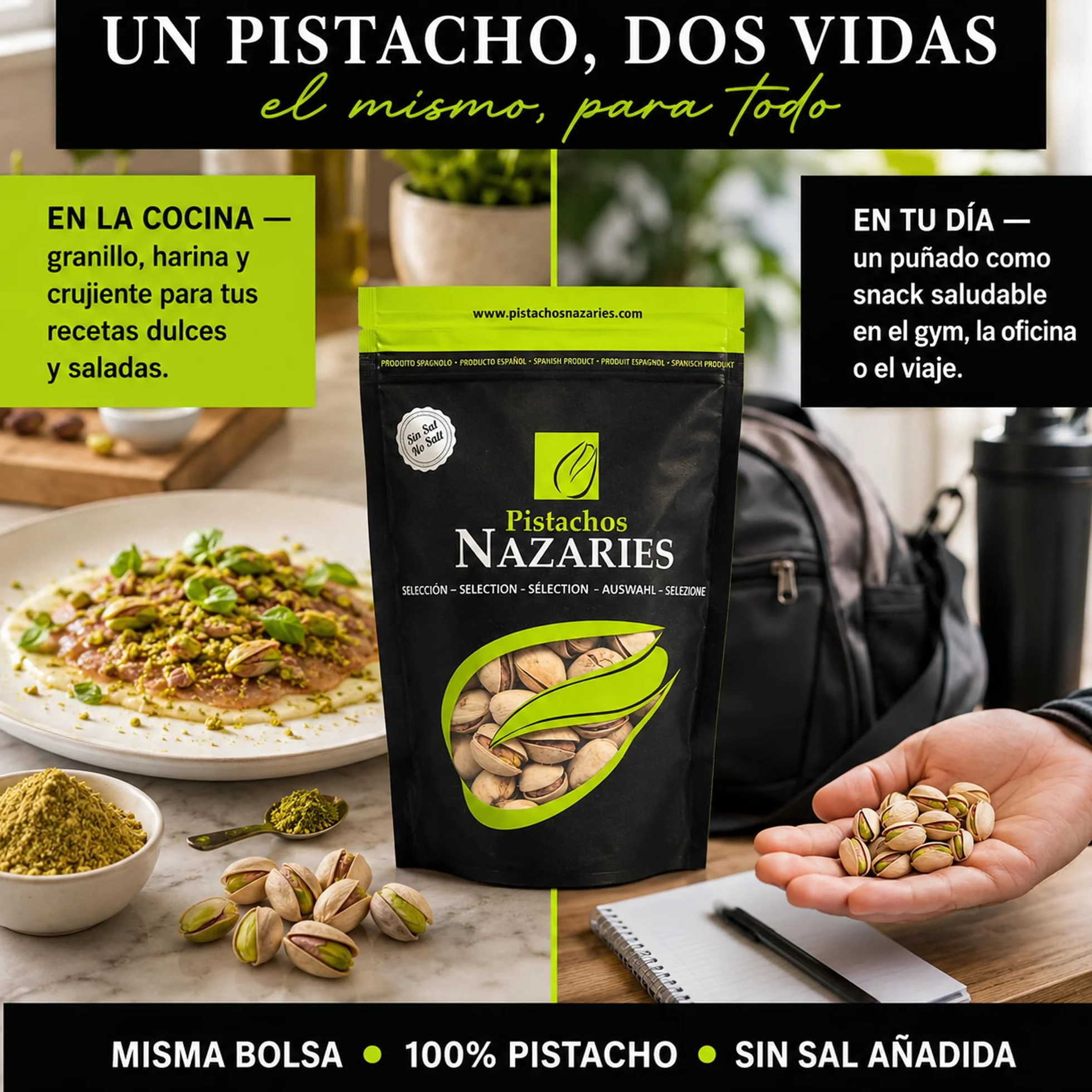 PISTACHOS NAZARIES Pistachos Tostados Sin Sal 8 x 120 g Pistacho Español Cultivo Propio Andalucia Malaga Snack Saludable Fitness Sin Gluten Frutos Secos Aperitivo Individual Para Llevar Gym Oficina