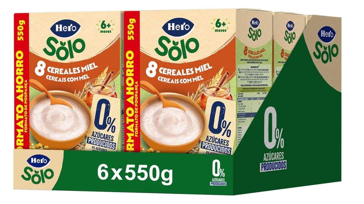 Hero Solo Papilla 8 Cereales con Miel, Rica en Fibra y Vitaminas, Sabor Natural para Bebés, a partir de 6 meses, 6 ud x 550gr