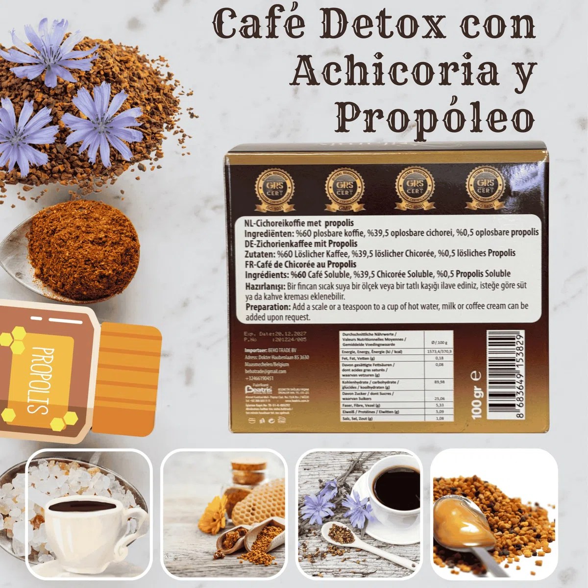 Café Detox con Achicoria y Propóleo - Café Dietético | Natural Premium | Apoya la Pérdida de Peso | Saludable y 100% Natural | Aumenta la Energía | Promueve la Digestión y la Desintoxicación