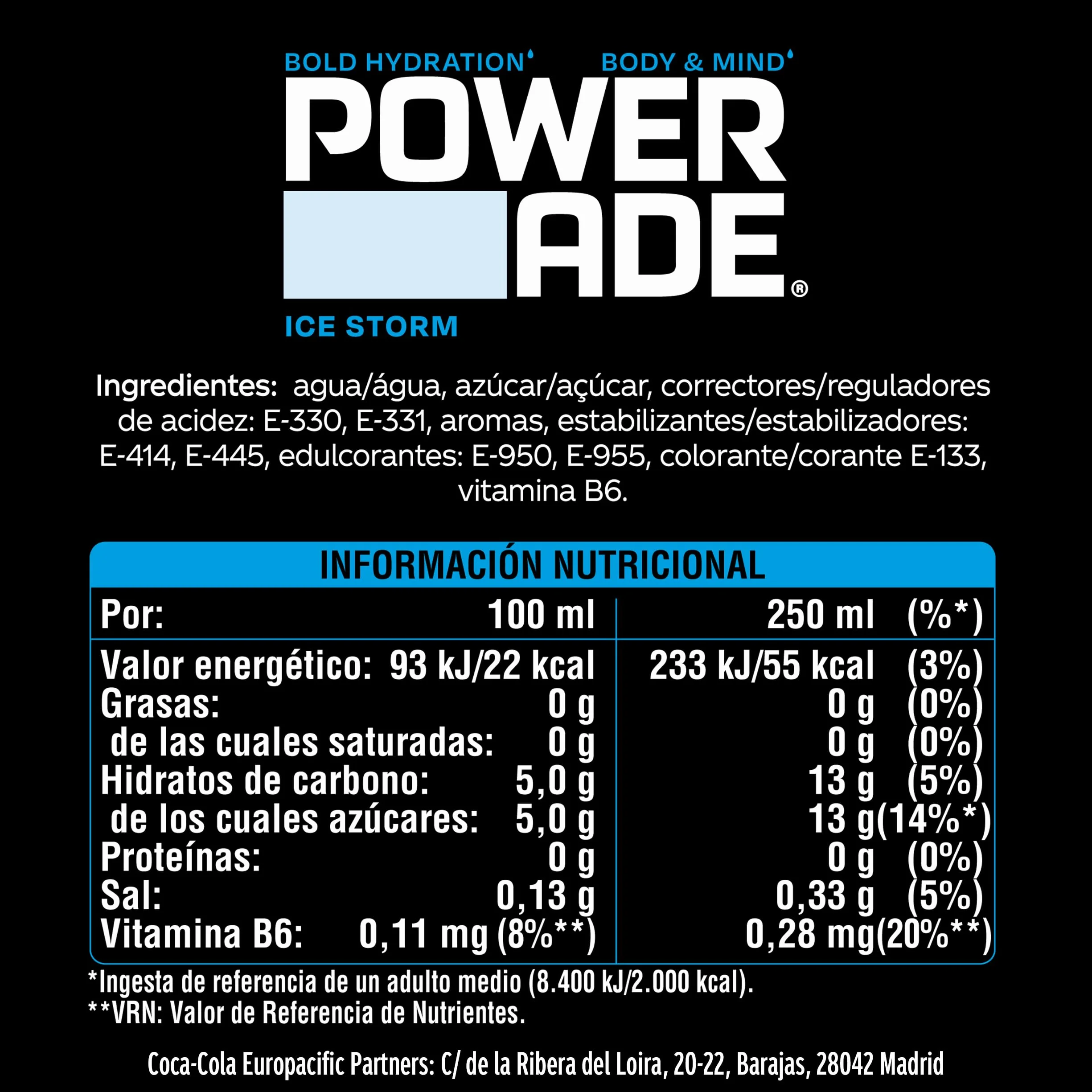 Powerade Ice Storm, Bebida Isotonica, Sin Gluten y Refrescante - Pack de 12 Botellas de 500ml