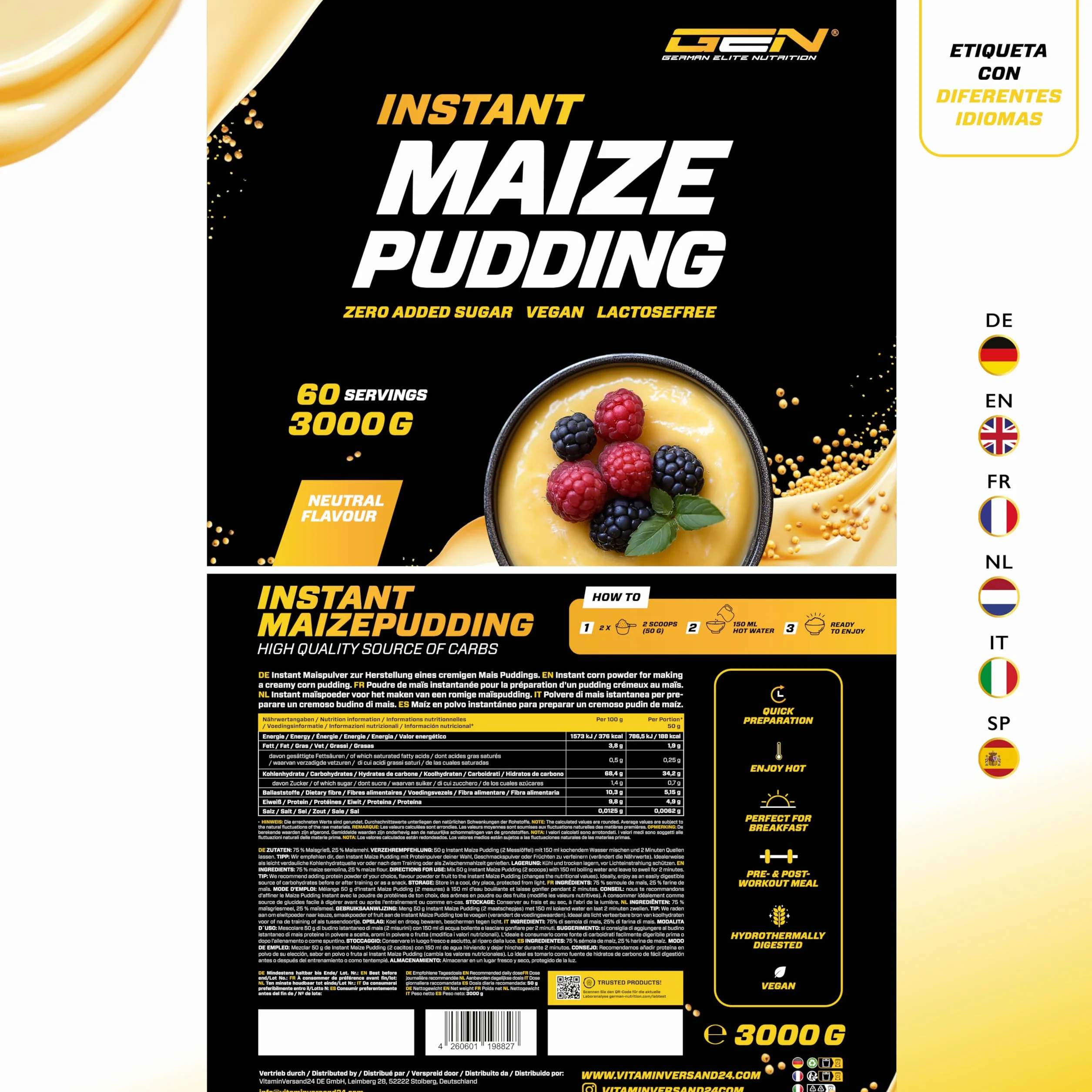 Pudin de Maiz Neutro sin Azucar 3kg - 100% Maiz - Cremoso, Vegano
