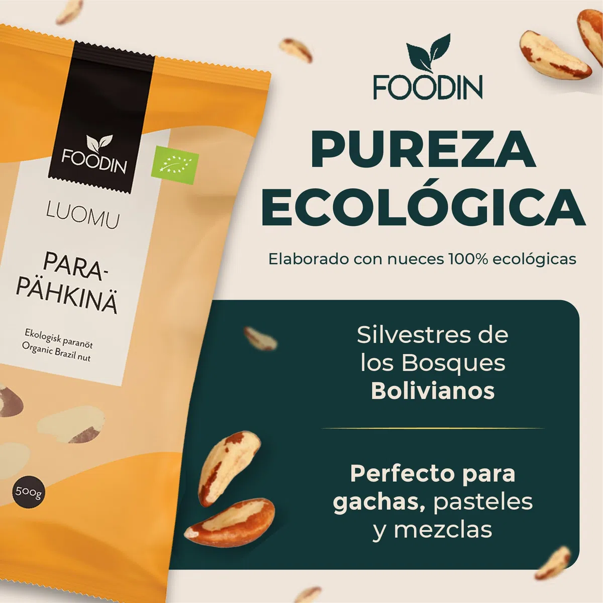 FOODIN Nueces de Brasil 2x500g, Nueces de Brasil Excelente fuente de proteínas y ácidos grasos insaturados, Nueces de Brasil 100% orgánicas, sin gluten y veganas, paquete de 2