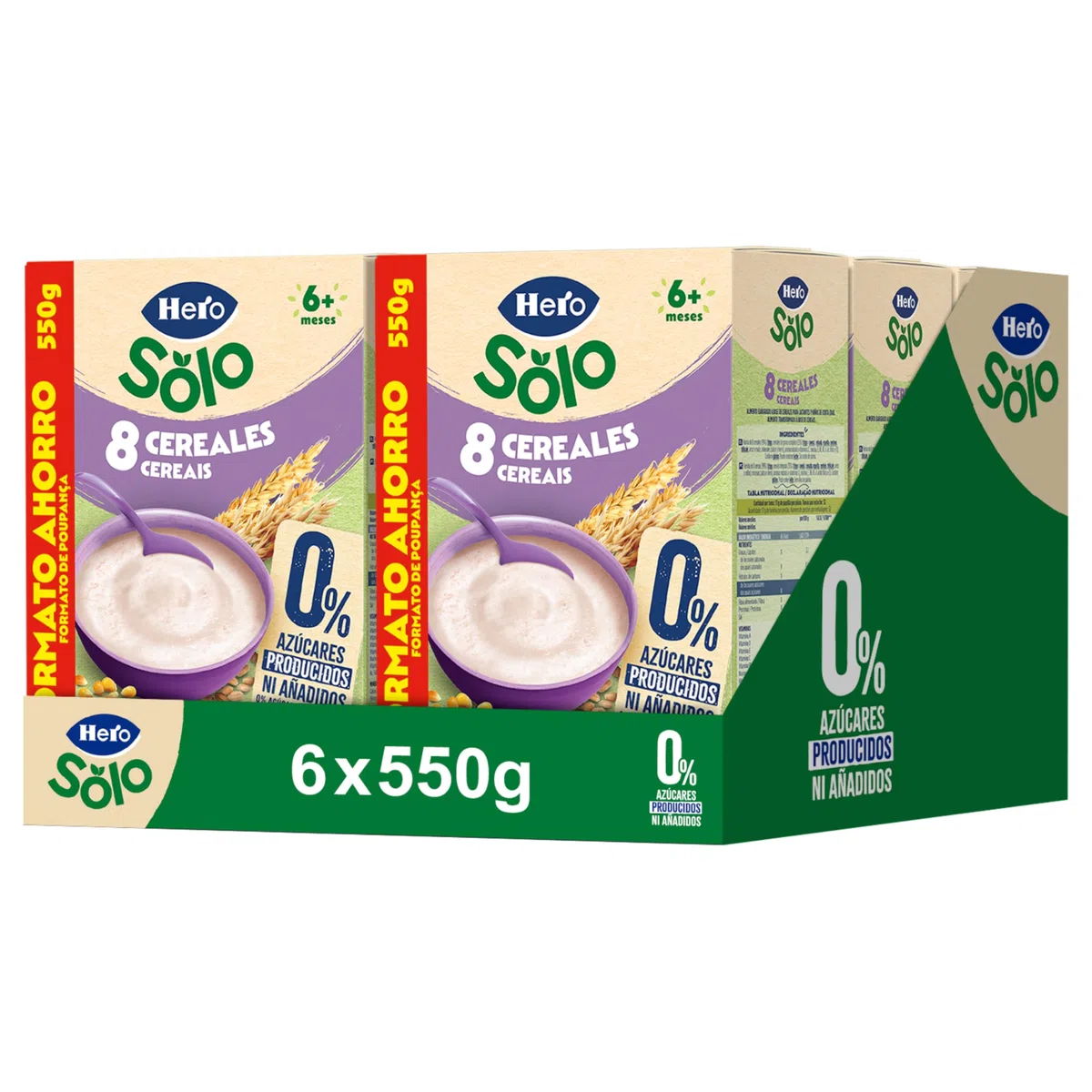 Hero Solo Papilla 8 Cereales, Sin Azúcares Añadidos, Nutrición Natural y Rica en Vitaminas, Sabor Natural para Bebés, a partir de 6 meses, 6 ud x 550gr