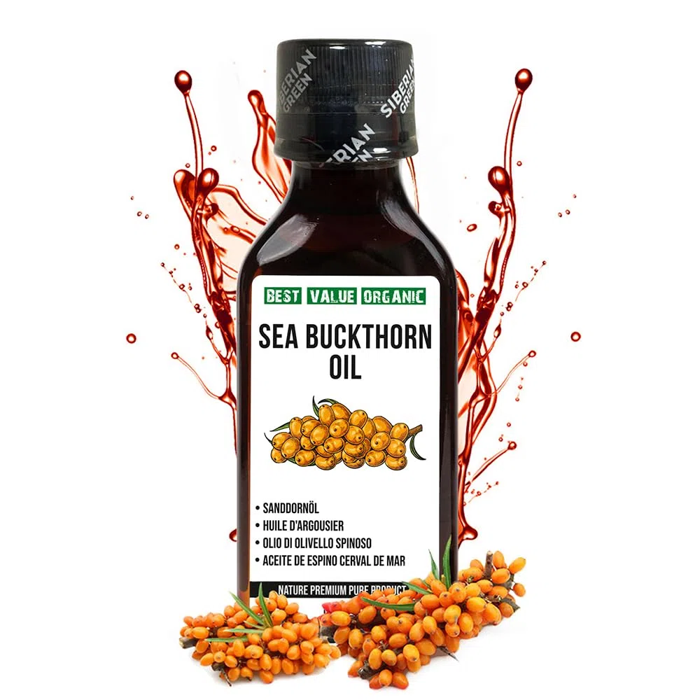 Aceite de espino amarillo siberiano 3.4 oz líq. / 100 ml virgen extra crudo sin refinar, primer prensado en frío a partir de semillas y bayas de espino amarillo recolectadas en el medio silvestre