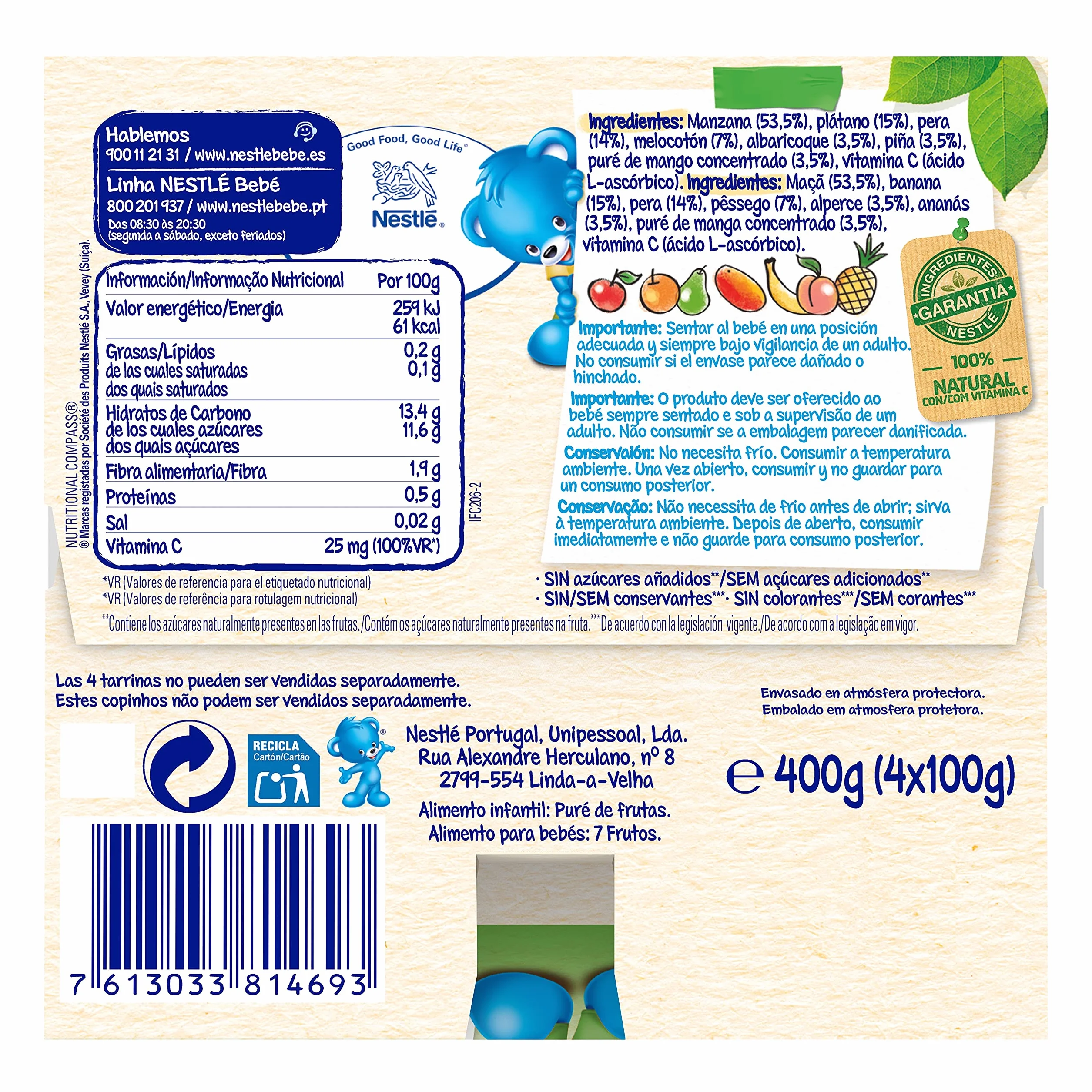 NESTLE Puré 7 Frutas, desde 6 meses, Pack Tarrinas Pack de 6 (4x100g), Fórmula mejorada