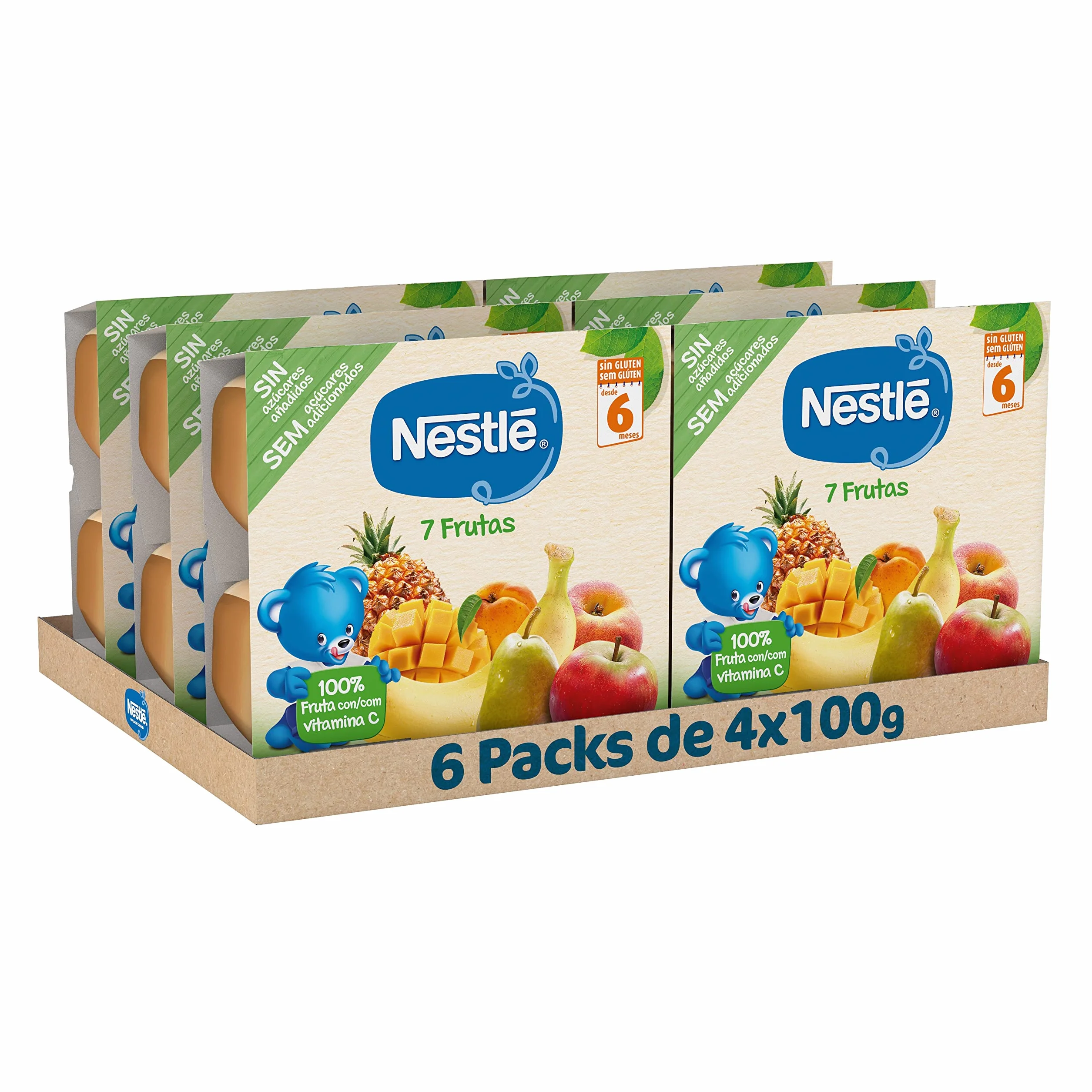 NESTLE Puré 7 Frutas, desde 6 meses, Pack Tarrinas Pack de 6 (4x100g), Fórmula mejorada