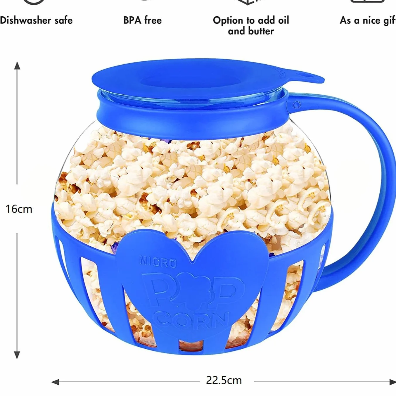 Palomitas de maíz para microondas, cristal de borosilicato, apto para microondas, lavavajillas, reuniones, fiestas, picnics, color azul