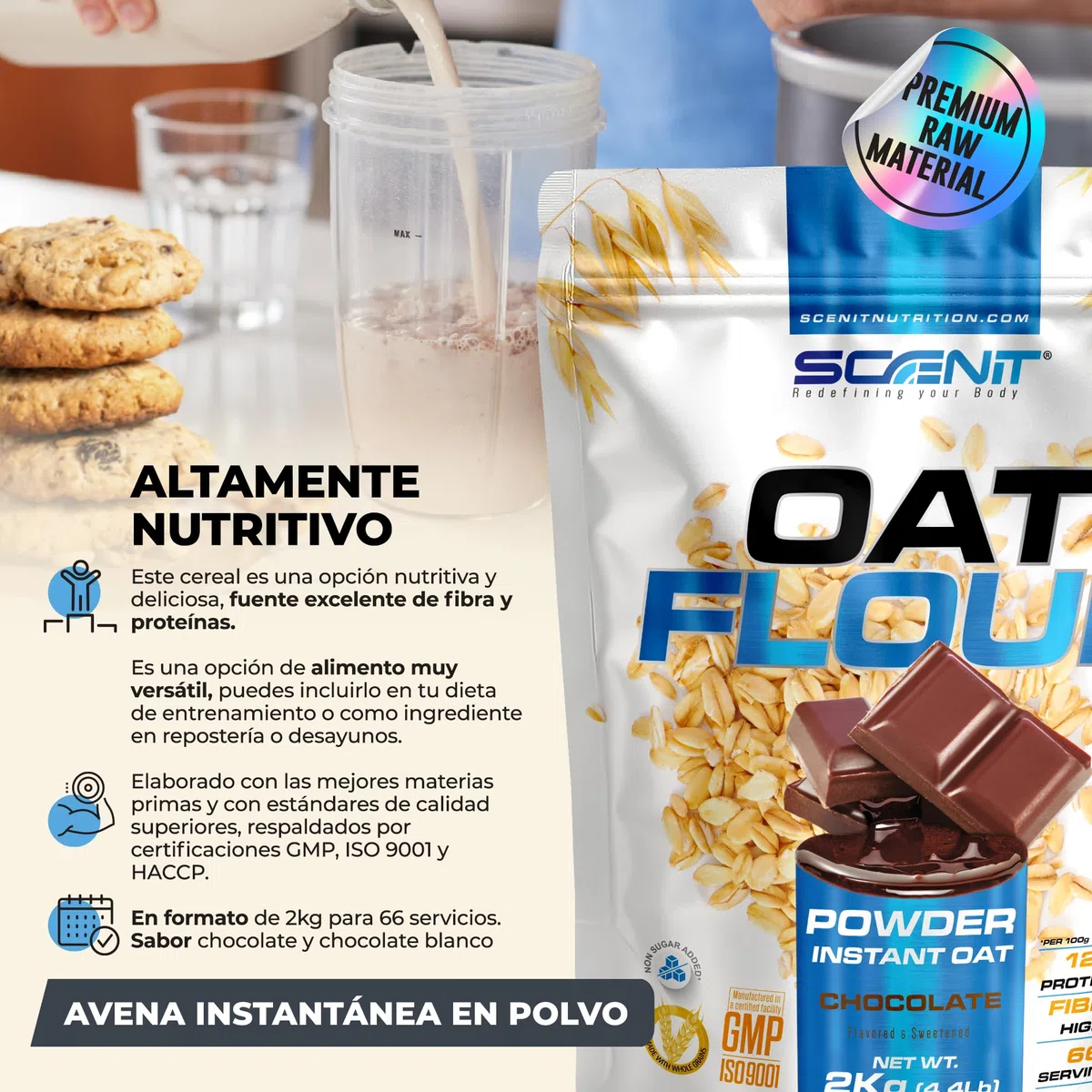 Scenit Oat Flour - 2 kg - Harina de Avena sabores - Polvo - Sabores deliciosos - Alto en Fibra (2 kg, Chocolate blanco)